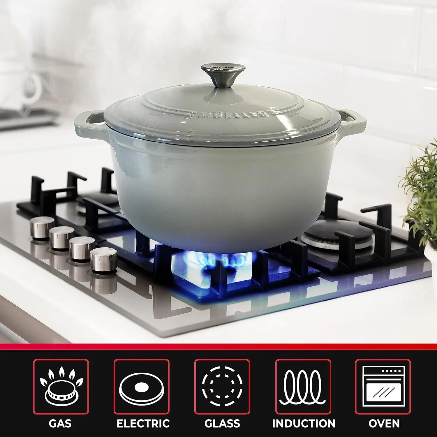 MÜELLERHOME 4.5 QT Enameled Cast Iron Dutch Oven, Heavy-Duty Casserole Dish and Braiser Pan with Lid and Stainless Knob, Safe for All Cooktops, Grey