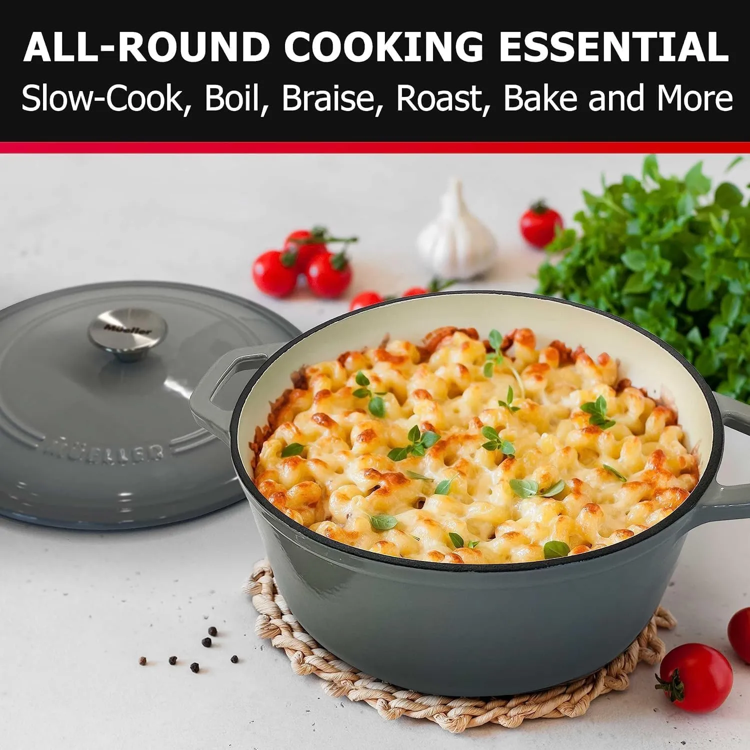MÜELLERHOME 4.5 QT Enameled Cast Iron Dutch Oven, Heavy-Duty Casserole Dish and Braiser Pan with Lid and Stainless Knob, Safe for All Cooktops, Grey