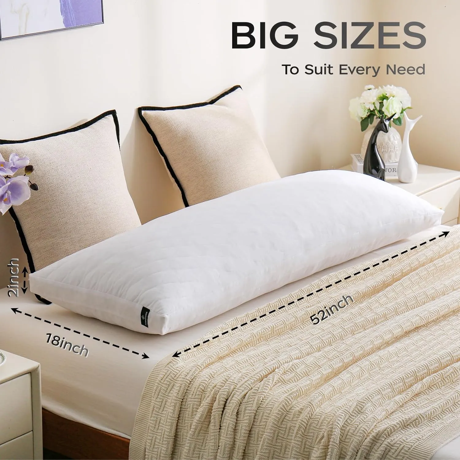 Memory Foam Body Pillow, Fluffy Full Body Pillows for Adults, Quilted Large Long Bed Pillow Insert for Sleeping, Firm & Supportive (20x54 inch, White)