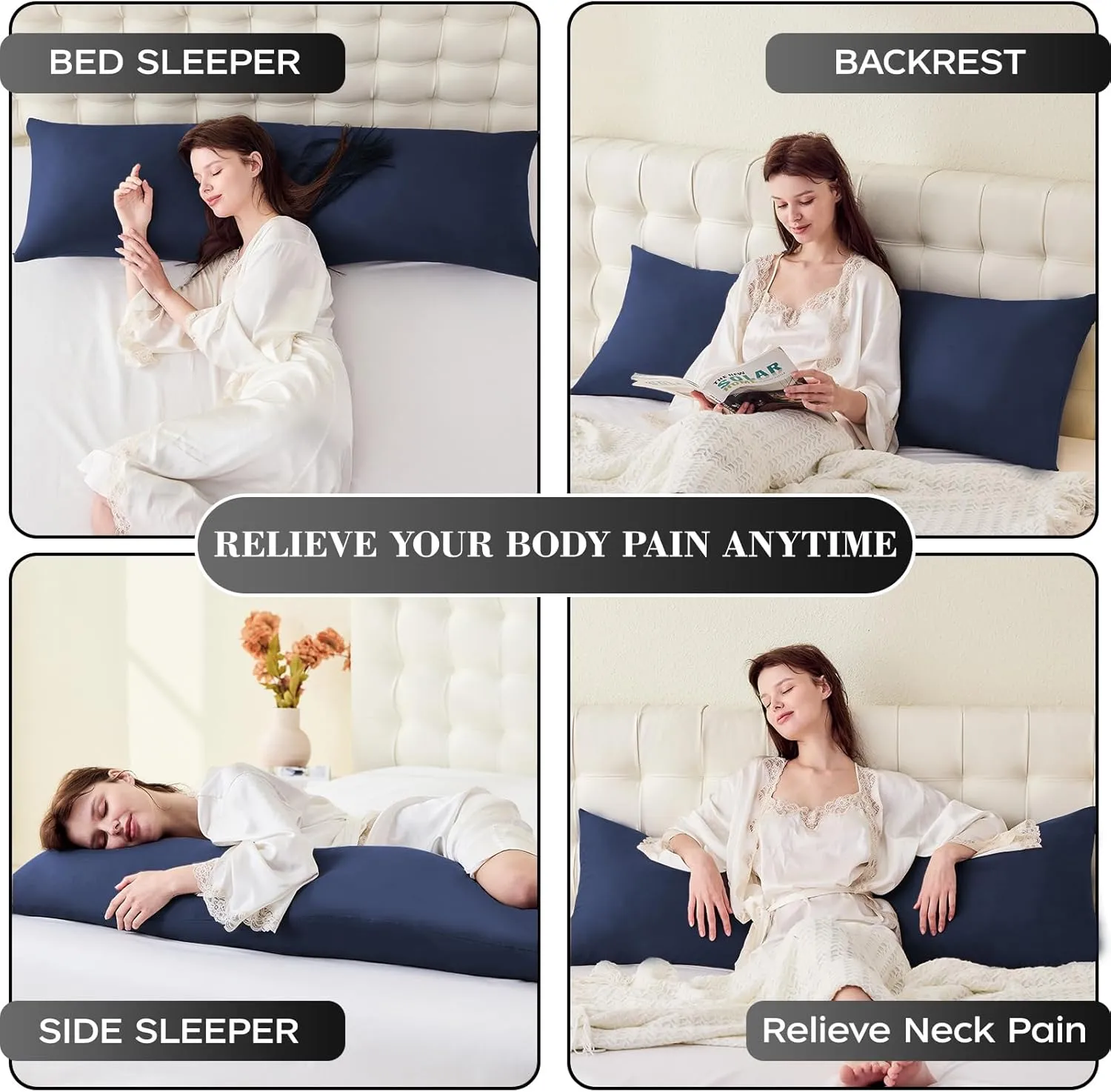 Memory Foam Body Pillow with Removable 100% Cotton Cover, Full Body Pillows for Adults, Large Long Bed Pillow for Sleeping, Firm & Supportive (20x54 inch, Navy Blue)