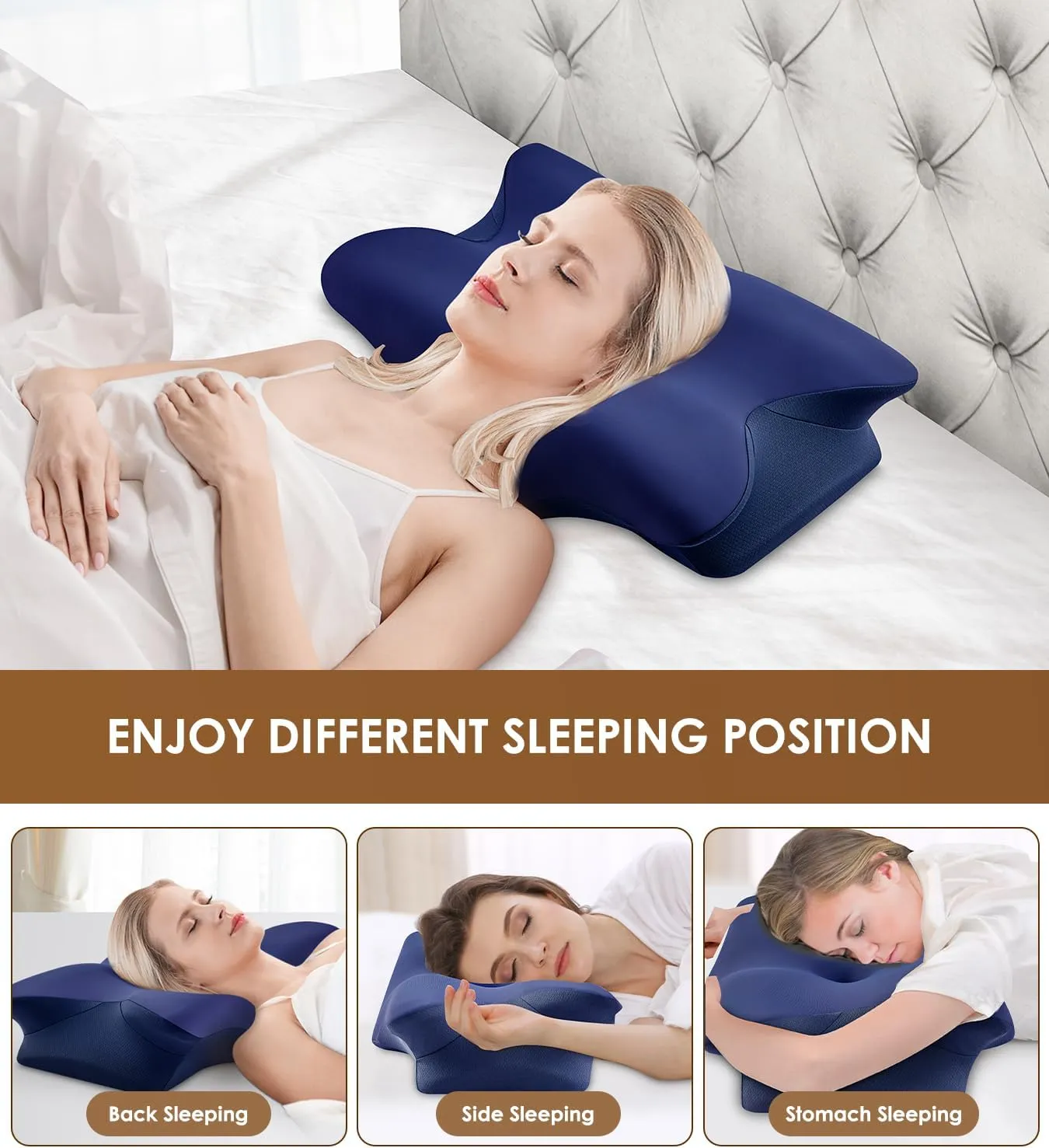 Memory Foam Cervical Pillow for Neck and Shoulder, Ergonomic Contour Cervical Neck Pillow for Sleeping, Cooling Neck Support Pillows for Side Back Stomach Sleeper Dark Blue