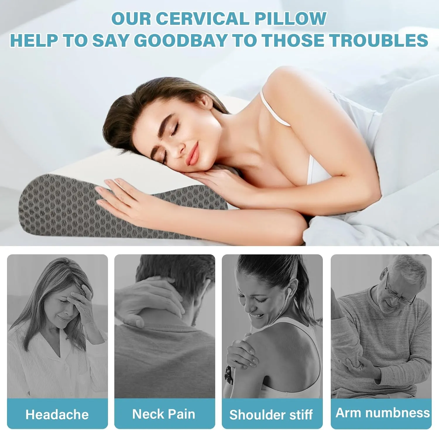 Memory Foam Cooling Bed Pillows for Sleeping, Ergonomic Cervical Pillow for Neck and Shoulder Pain Relief, Adjustable Cold Pillow with Pillowcase,Grey