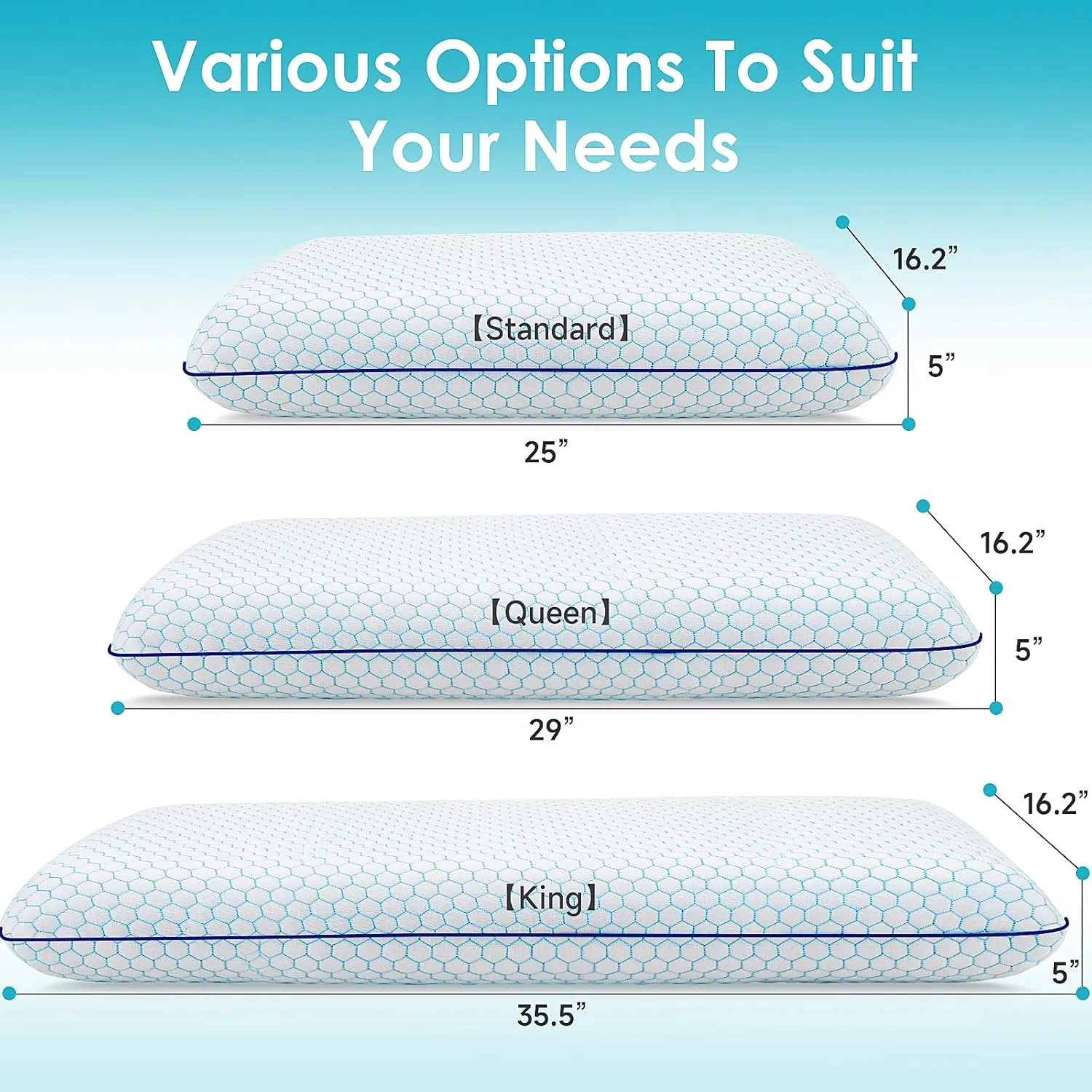 Memory Foam Pillows for Side, Back and Stomach Sleepers, Set of 2, Bed Pillow with Washable Cover and Breathable Mesh, Bed Pillow for Sleeping (Blue，Standard Size)