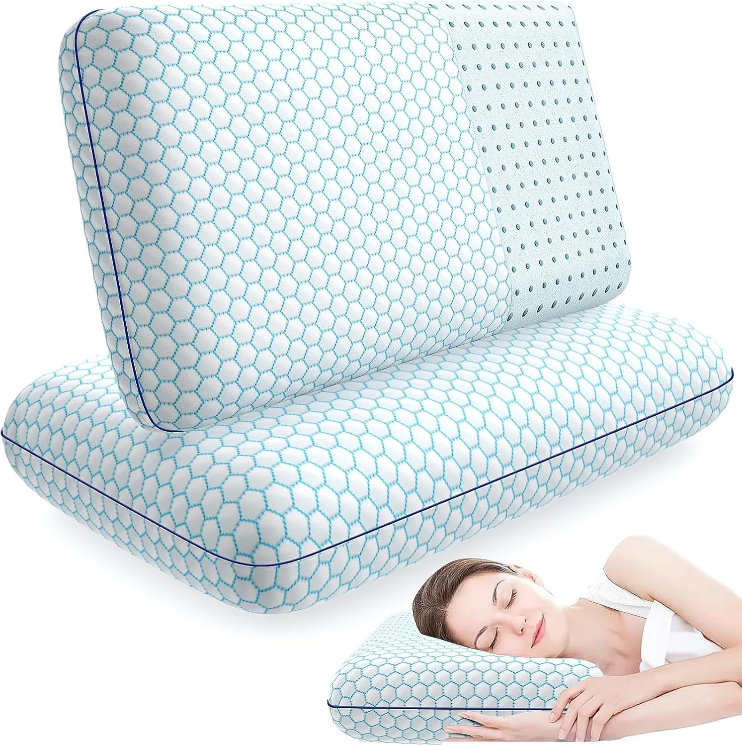 Memory Foam Pillows for Side, Back and Stomach Sleepers, Set of 2, Bed Pillow with Washable Cover and Breathable Mesh, Bed Pillow for Sleeping (Blue，Standard Size)