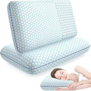 Memory Foam Pillows for Side, Back and Stomach Sleepers, Set of 2, Bed Pillow with Washable Cover and Breathable Mesh, Bed Pillow for Sleeping (Blue，Standard Size)