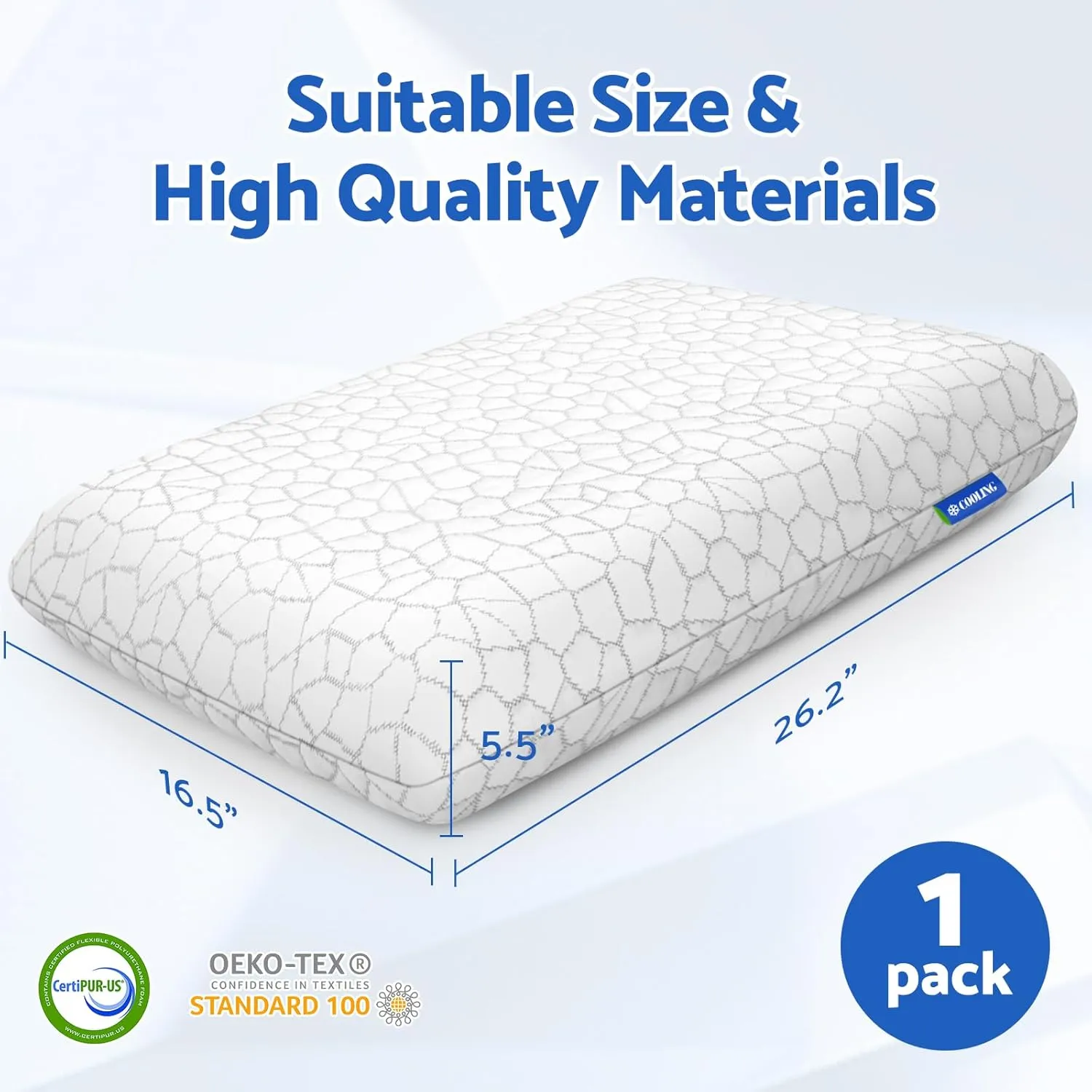 Memory Foam Pillows for Sleeping, Cooling Pillow with Removable and Machine Washable Cover, Bed Pillow for Side, Neck Pillow, Back and Stomach Sleepers, Standard Size (1 Pack), Fathers Day