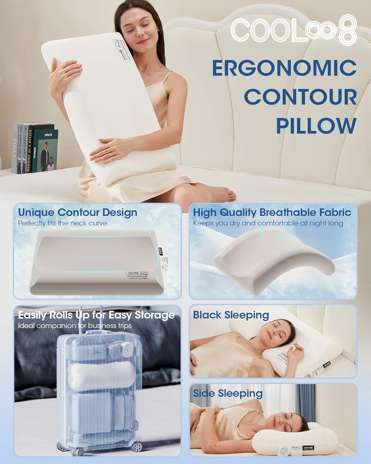 Memory Foam Pillows Queen Size, Contour Cooling Cervical Pillow for Neck Pain Relief, Orthopedic Ergonomic Bed Pillow for Side, Back and Stomach Sleepers, Soft Cloudy Sleeping Pillows (1 PCS)