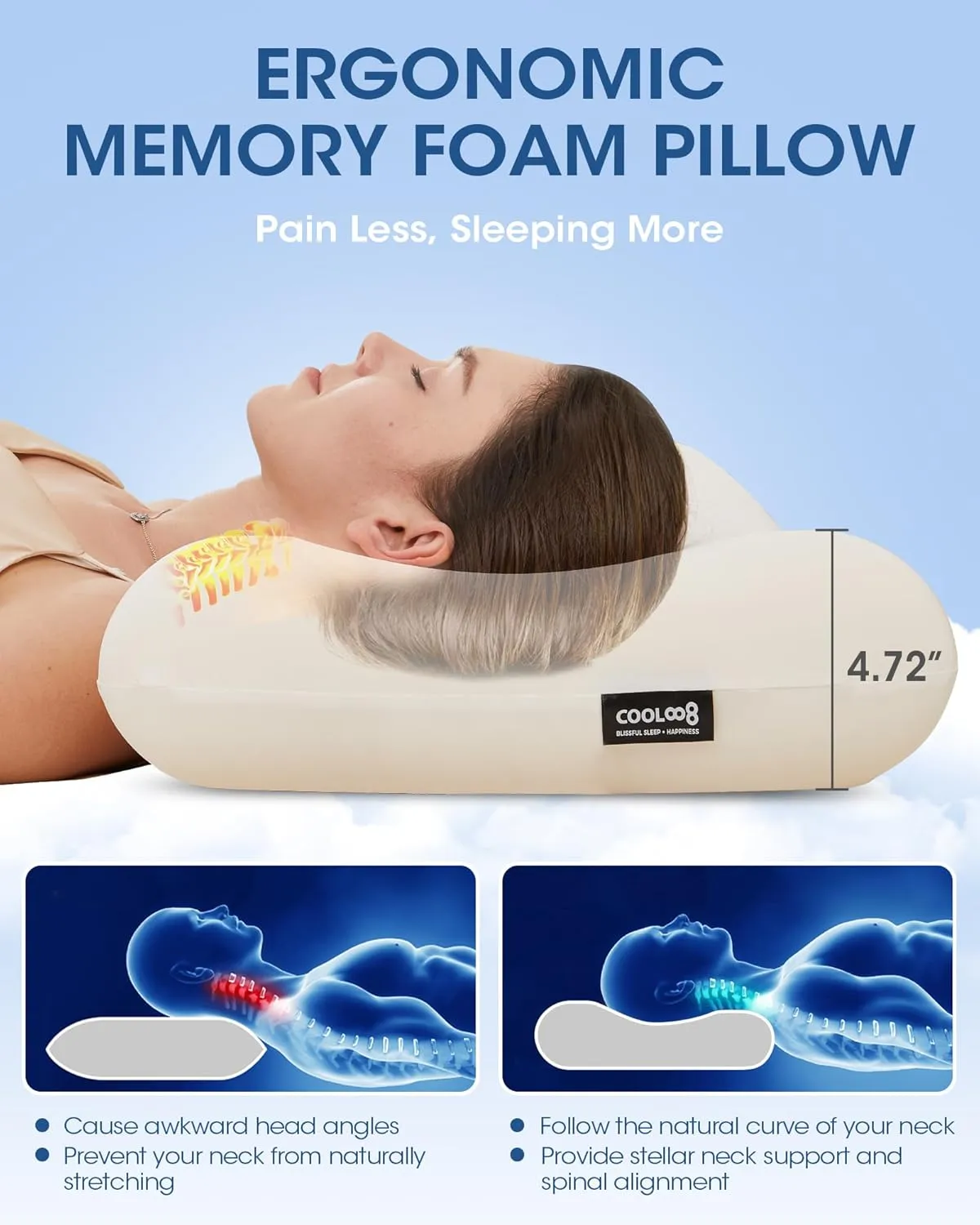 Memory Foam Pillows Queen Size, Contour Cooling Cervical Pillow for Neck Pain Relief, Orthopedic Ergonomic Bed Pillow for Side, Back and Stomach Sleepers, Soft Cloudy Sleeping Pillows (1 PCS)