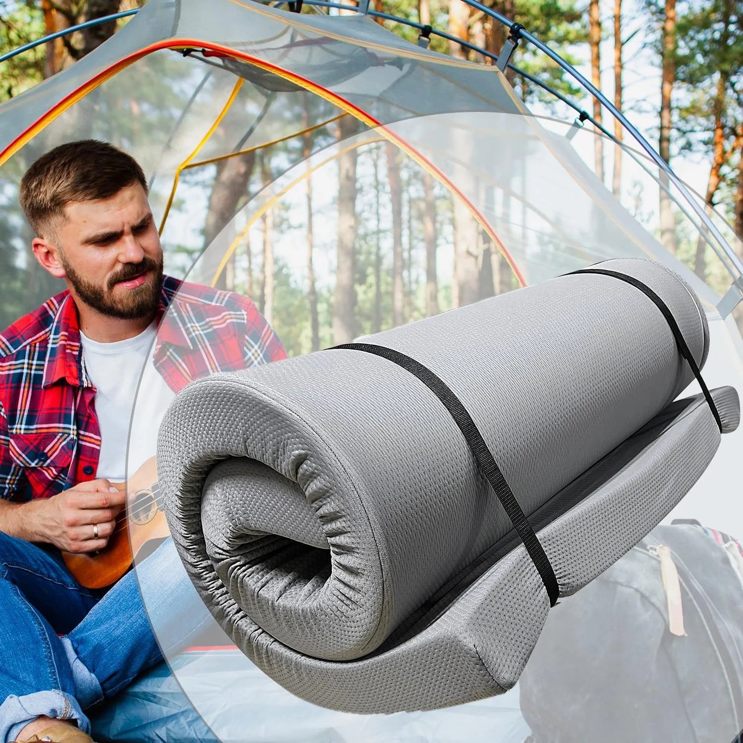 Memory Foam Sleeping Pad - Foldable Floor Camping Mat, Portable Bed Roll-Up Mattress, Water-Resistant Zipper Cover for Outdoors, RVs, Guest Rooms, Dorms