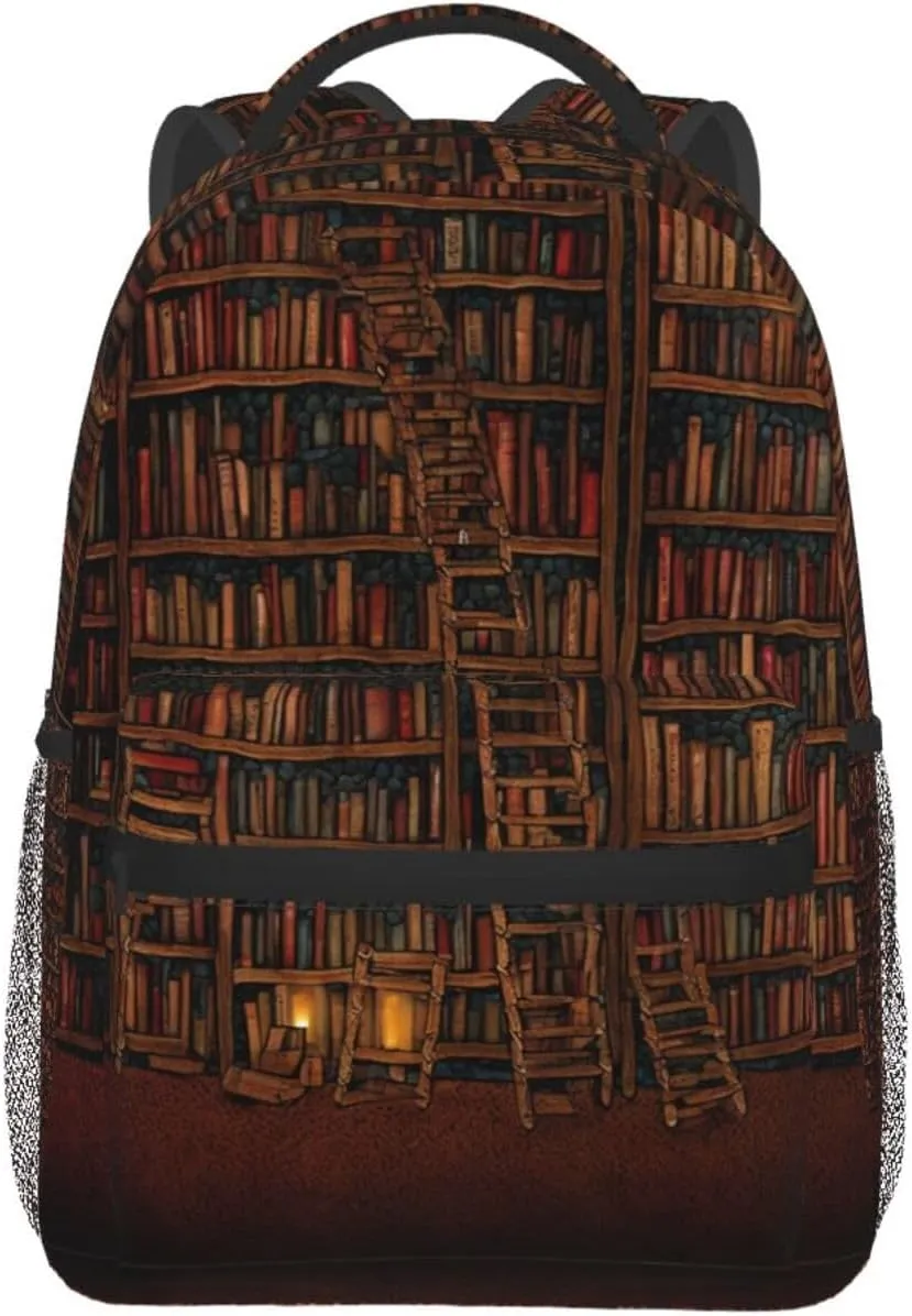 Men Women Polyester Library Bookshelf Vintage Art Daypack Backpack Large Capacity Carry On Bag With Smooth Zippers for Hiking Picnic Walking Cycling