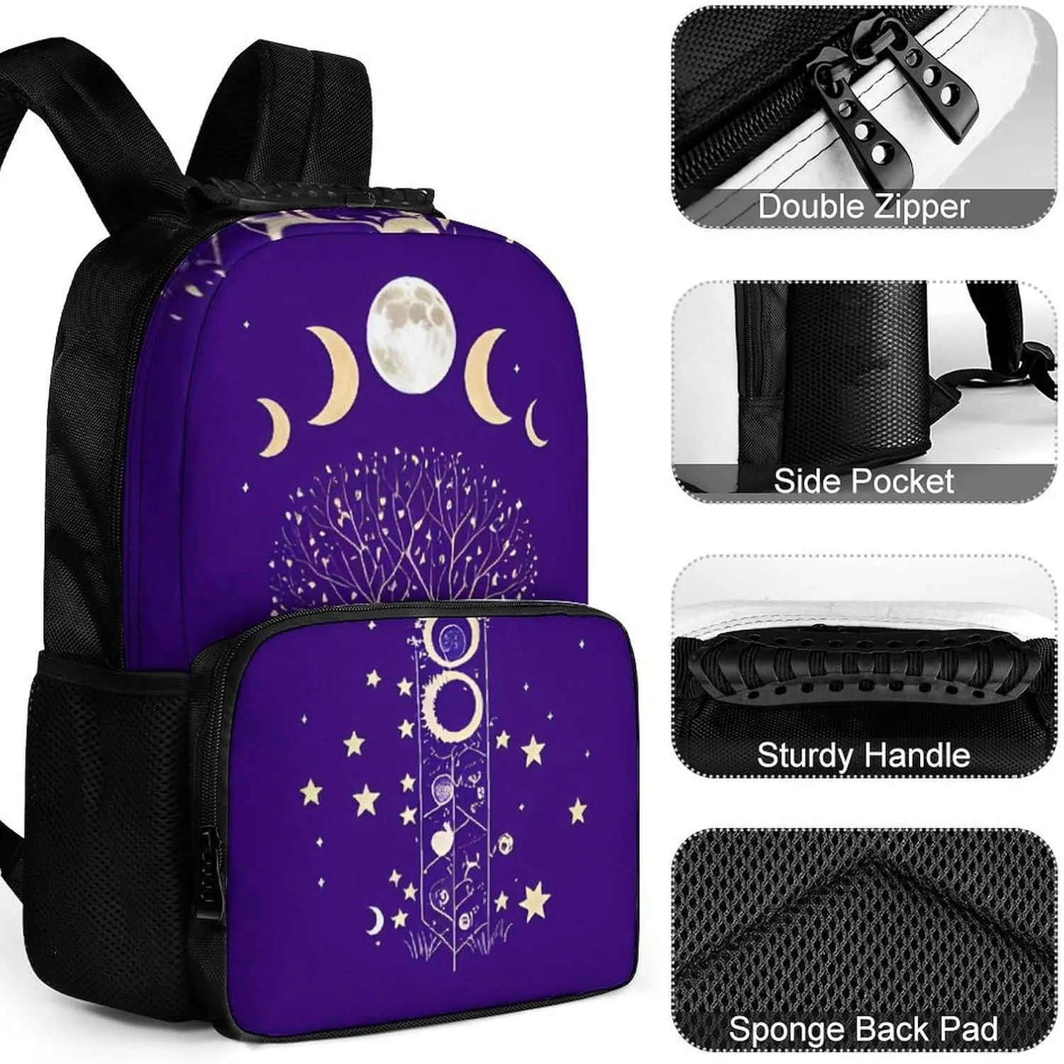 Men Women Polyester Moon Phase Space Tree Art Daypack Big Capacity Shoulder Bag With Smooth Zippers for Hiking Work Walking Cycling