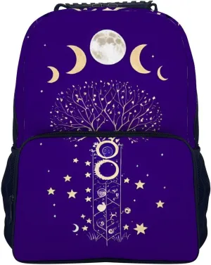 Men Women Polyester Moon Phase Space Tree Art Daypack Big Capacity Shoulder Bag With Smooth Zippers for Hiking Work Walking Cycling