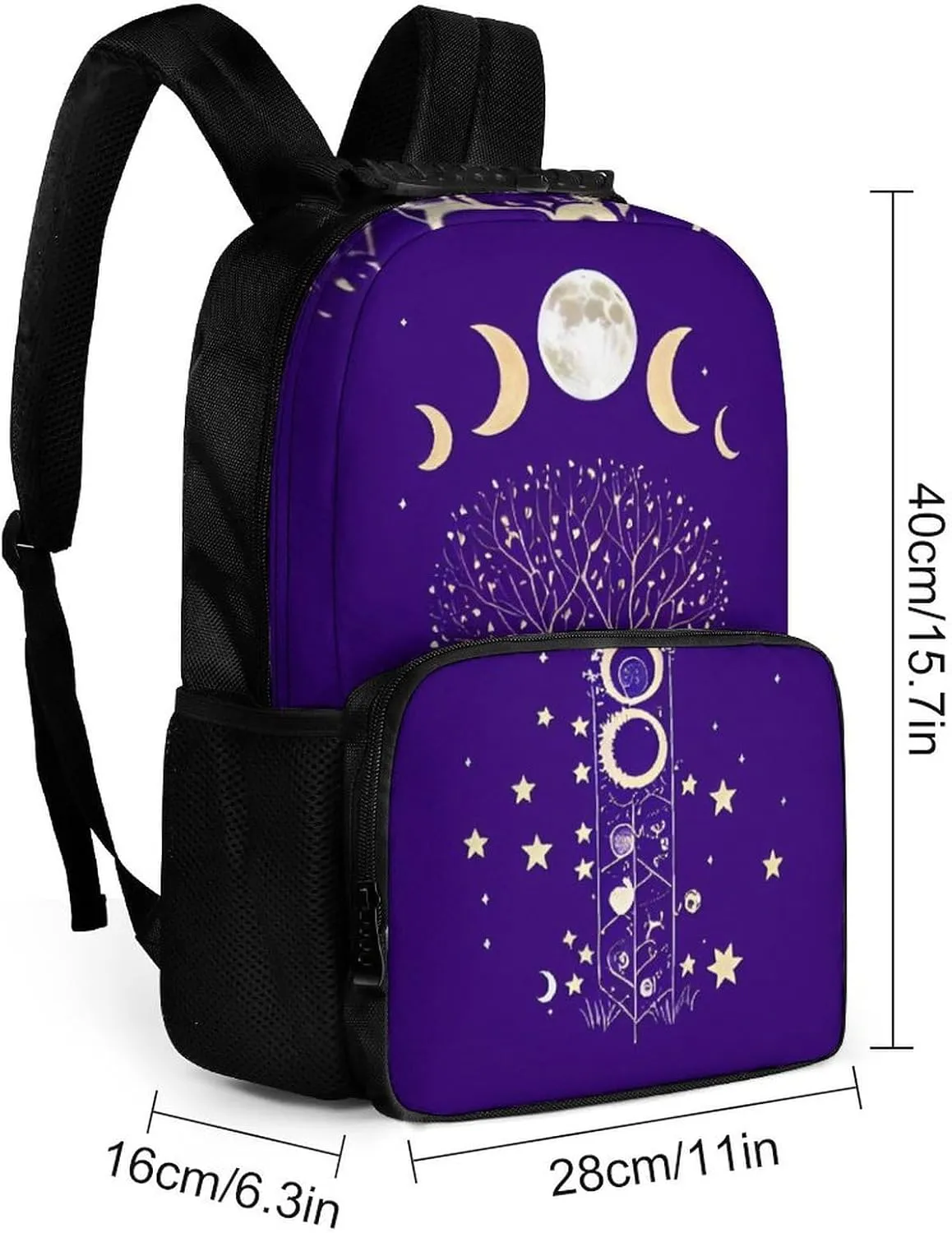 Men Women Polyester Moon Phase Space Tree Art Daypack Big Capacity Shoulder Bag With Smooth Zippers for Hiking Work Walking Cycling