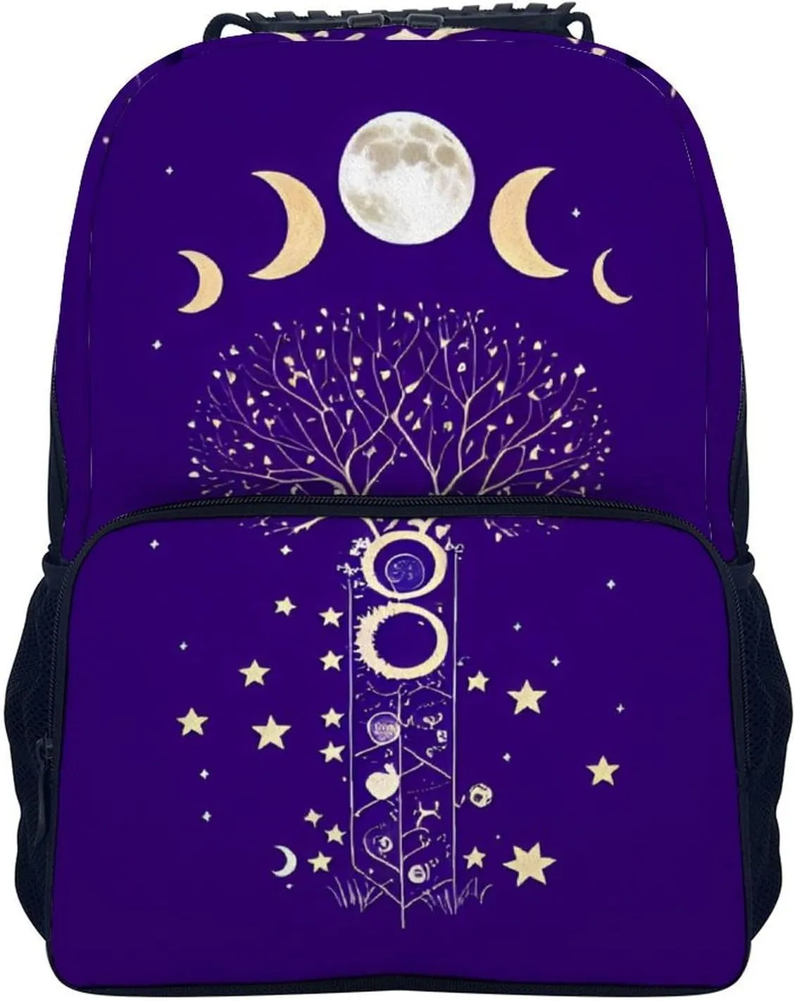 Men Women Polyester Moon Phase Space Tree Art Daypack Big Capacity Shoulder Bag With Smooth Zippers for Hiking Work Walking Cycling