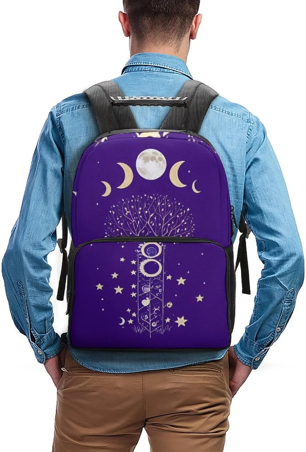 Men Women Polyester Moon Phase Space Tree Art Daypack Big Capacity Shoulder Bag With Smooth Zippers for Hiking Work Walking Cycling