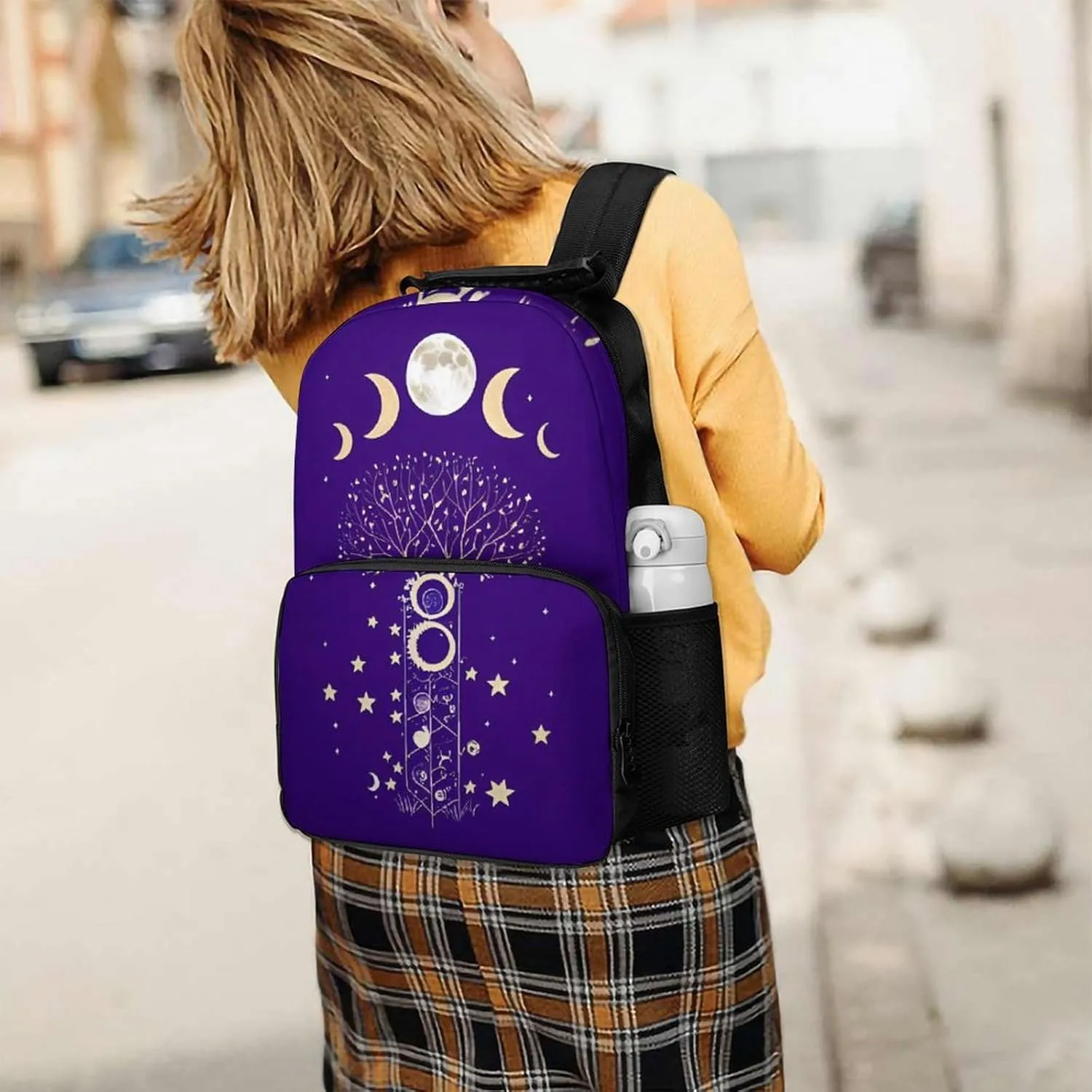 Men Women Polyester Moon Phase Space Tree Art Daypack Big Capacity Shoulder Bag With Smooth Zippers for Hiking Work Walking Cycling