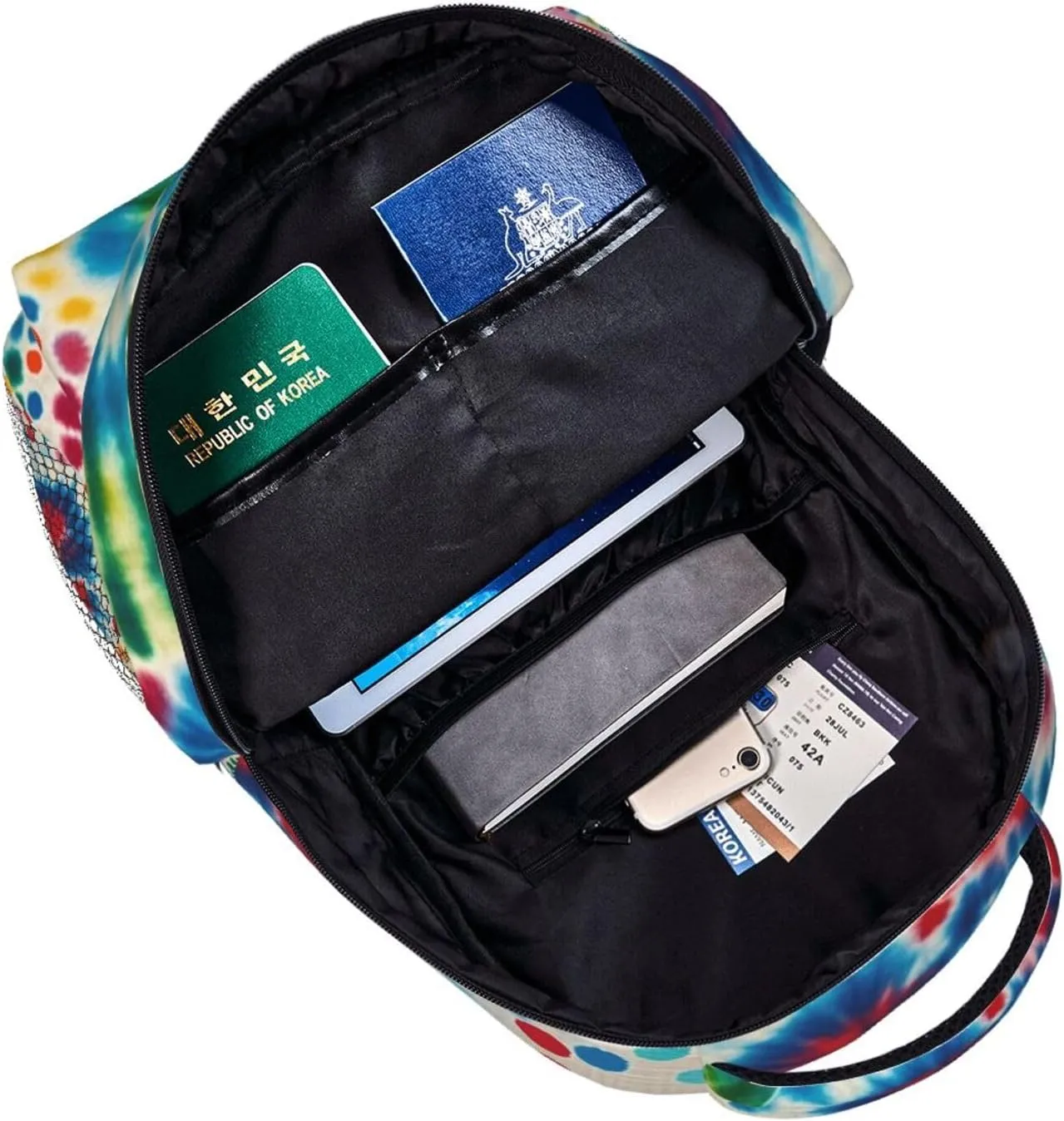 Men Women Polyester Tie Dye Art Daypack Backpack Large Capacity Carry On Bag With Smooth Zippers for Hiking Picnic Walking Cycling