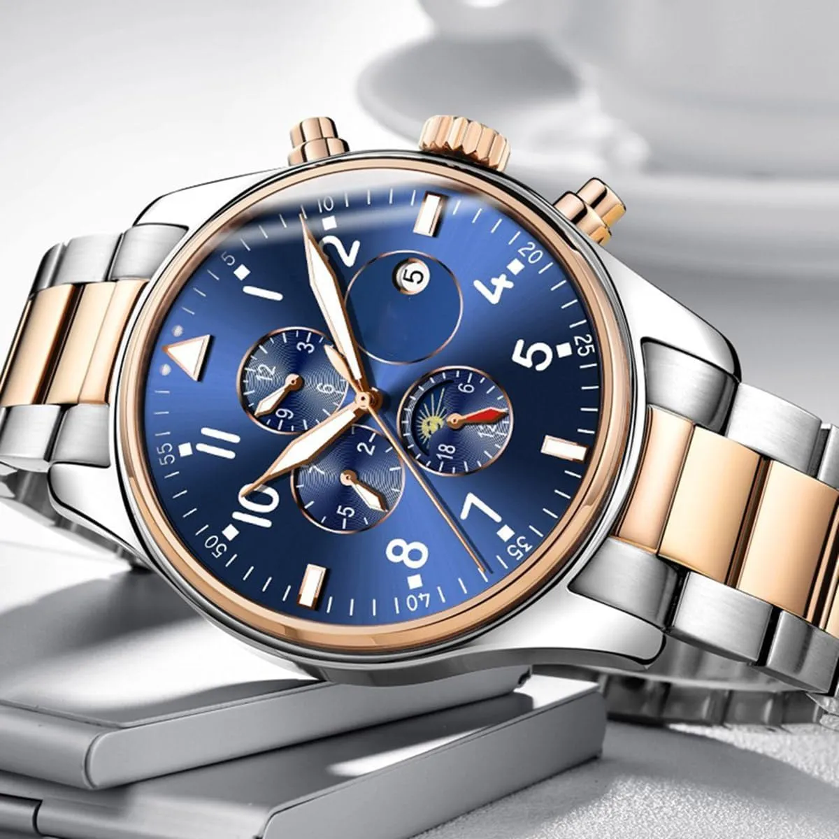 Men's Automatic Self Winding Watches Luxury Dress Chronograph Stainless Steel Watch Waterproof Mechanical Watch