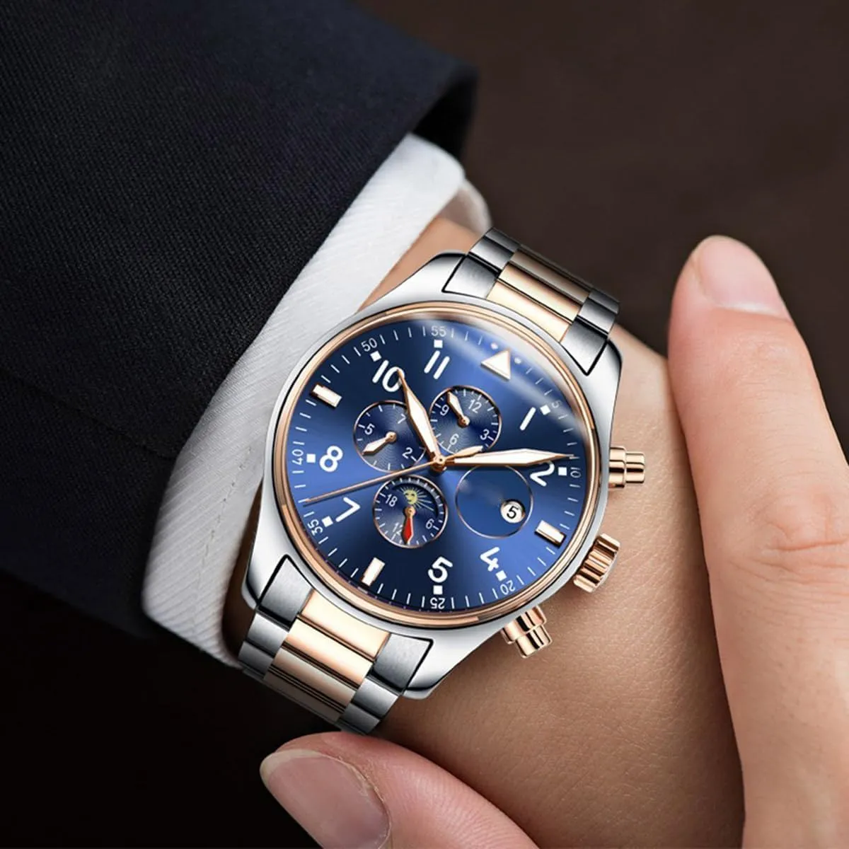 Men's Automatic Self Winding Watches Luxury Dress Chronograph Stainless Steel Watch Waterproof Mechanical Watch