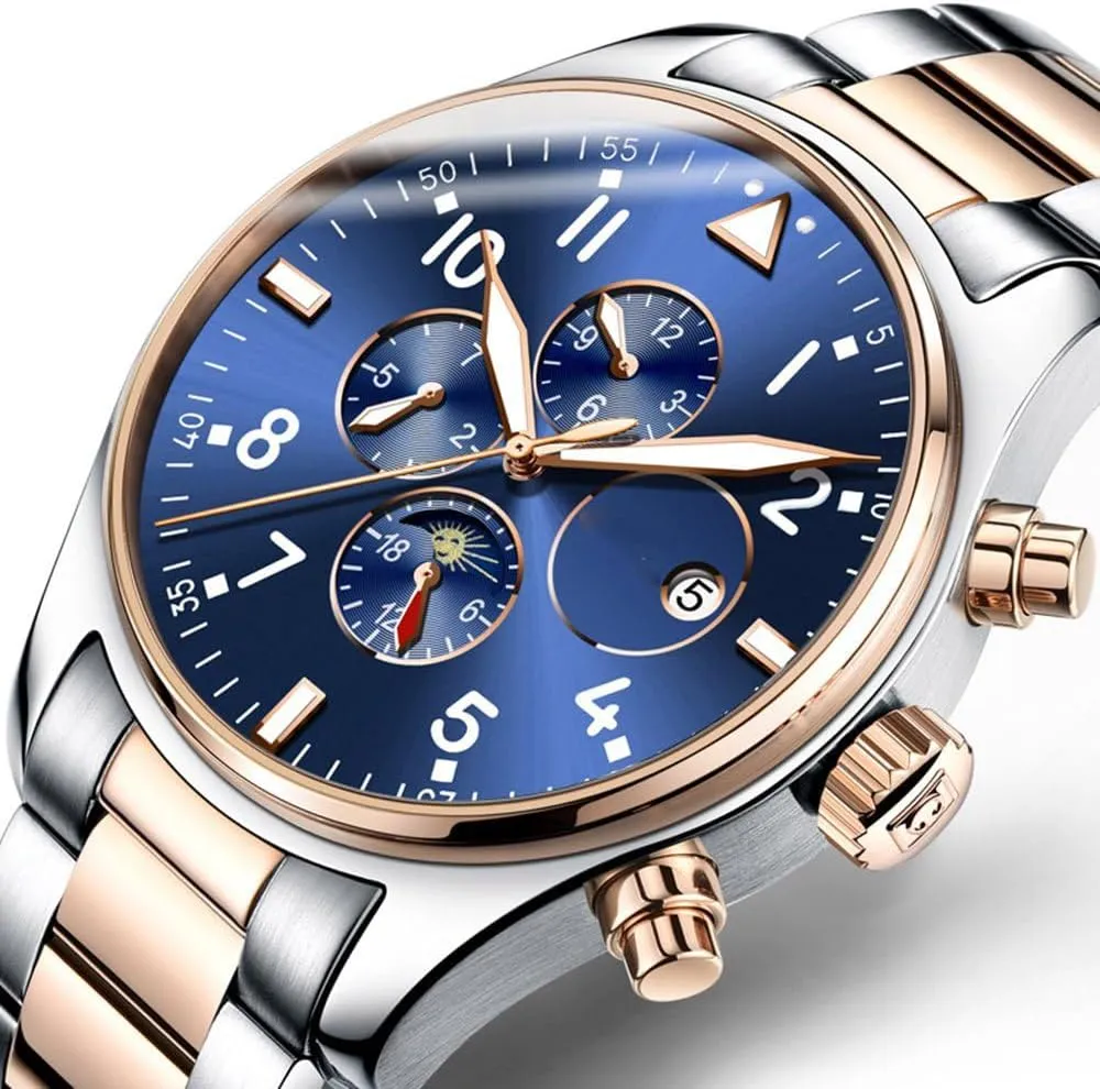 Men's Automatic Self Winding Watches Luxury Dress Chronograph Stainless Steel Watch Waterproof Mechanical Watch