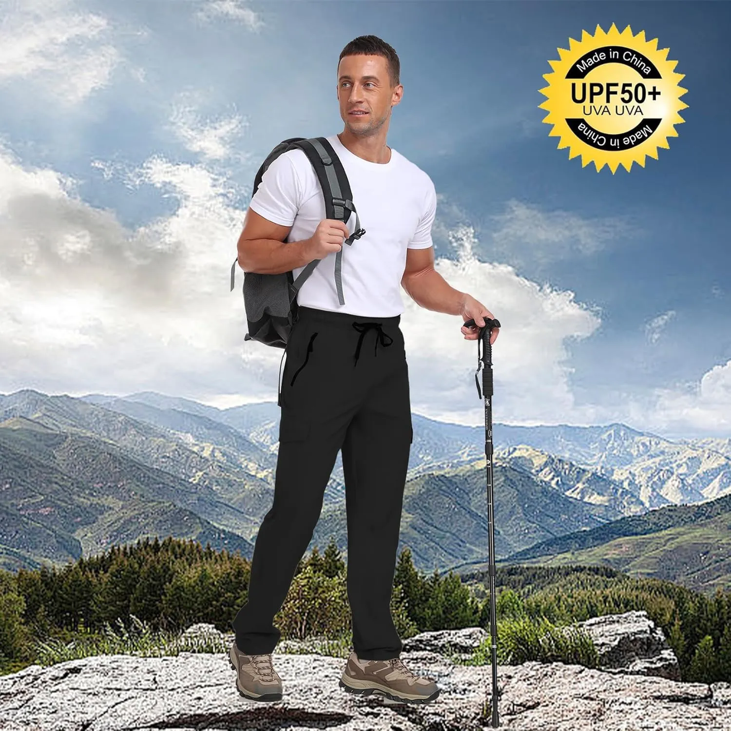 Men's Hiking Pants UPF 50  Cargo Quick Dry Water Resistant Elastic Waist Zip Pockets Travel Work Lightweight Running