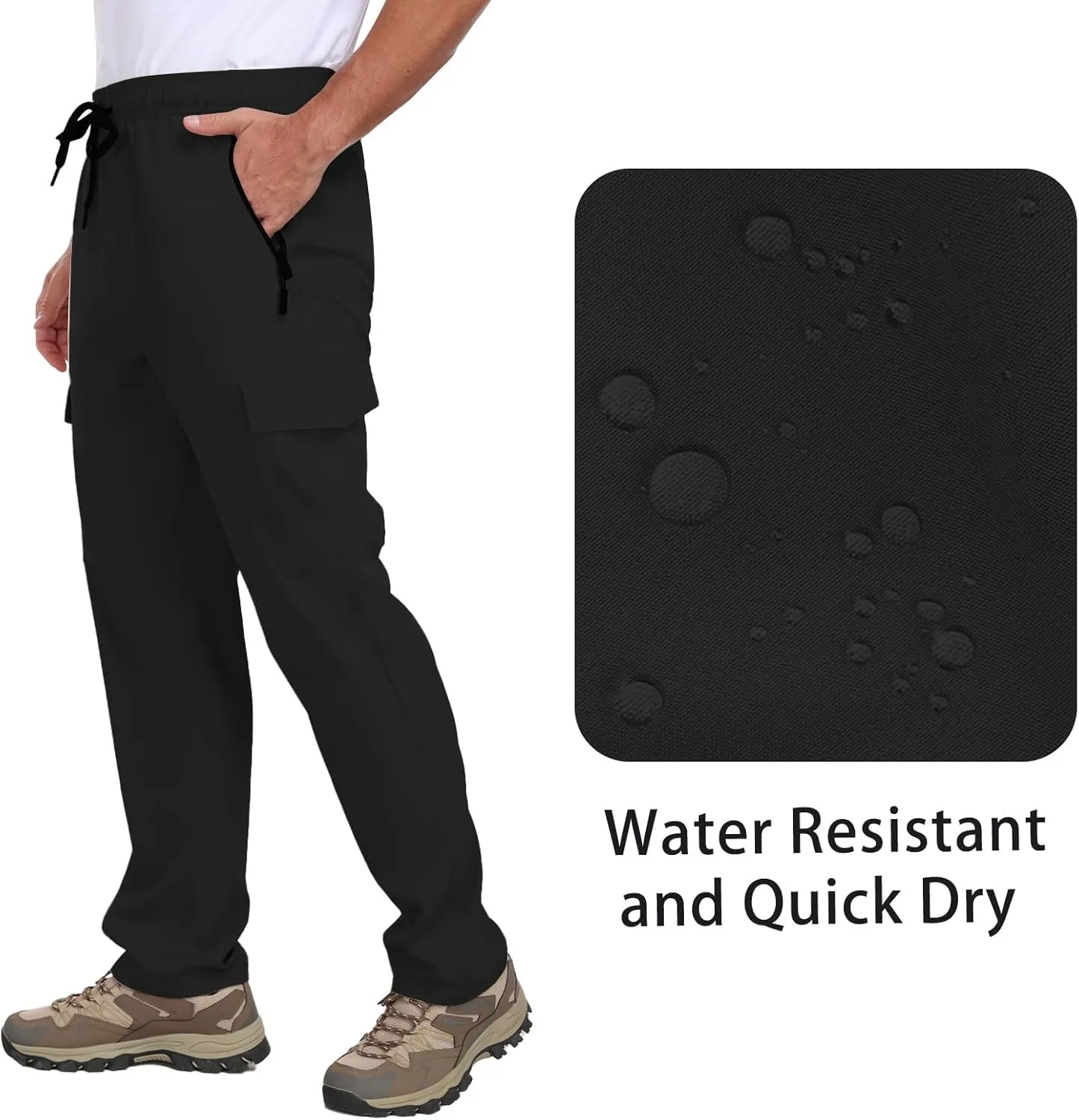 Men's Hiking Pants UPF 50  Cargo Quick Dry Water Resistant Elastic Waist Zip Pockets Travel Work Lightweight Running