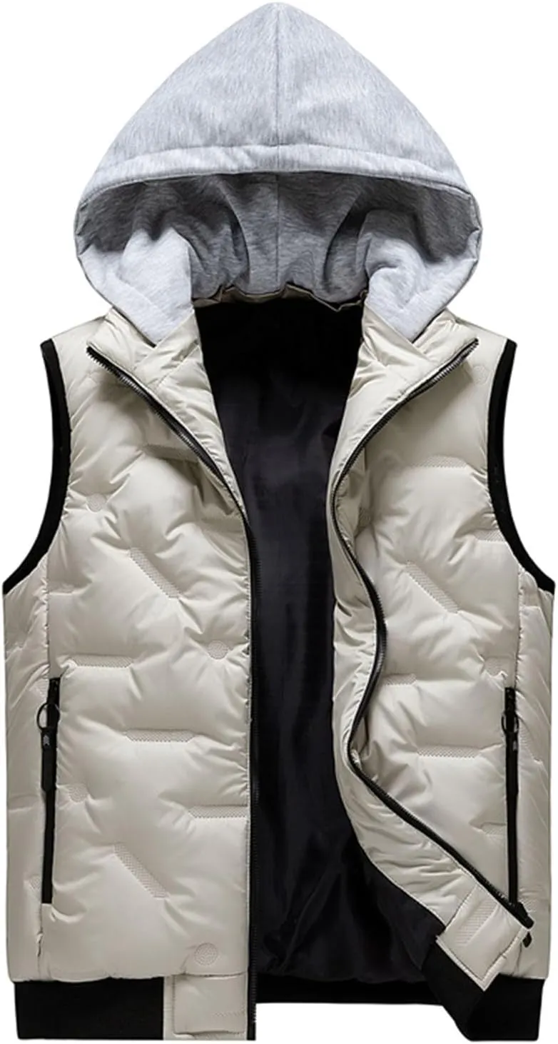 Men's Outdoor Casual Stand Collar Padded Vest Coat with Hood Sports Travel Waterproof Warm Winter Thicken Jacket