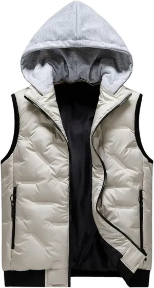 Men's Outdoor Casual Stand Collar Padded Vest Coat with Hood Sports Travel Waterproof Warm Winter Thicken Jacket