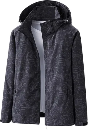 Mens Raincoat Hooded Long Sleeve Zipper with Pocket Outdoor Rain Jacket Waterproof Soft Windbreaker for Hiking Travel