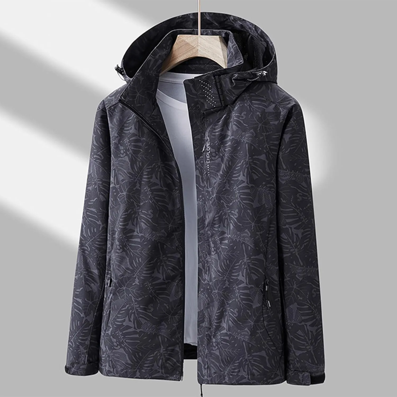 Mens Raincoat Hooded Long Sleeve Zipper with Pocket Outdoor Rain Jacket Waterproof Soft Windbreaker for Hiking Travel