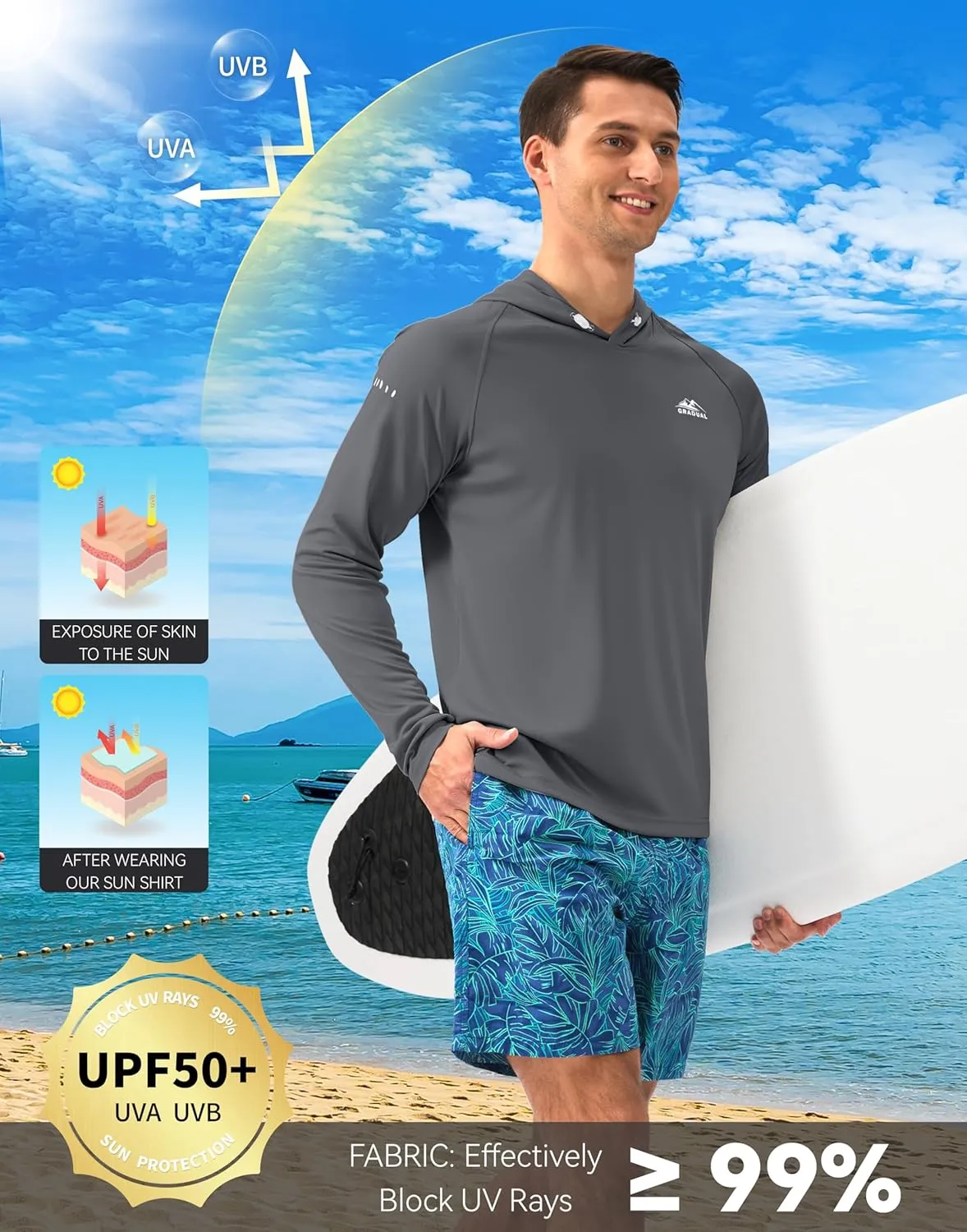 Men's Sun Protection Hoodie Shirt UPF 50  Long Sleeve Fishing Rash Guard UV SPF Summer Lightweight Hiking Shirt for Men