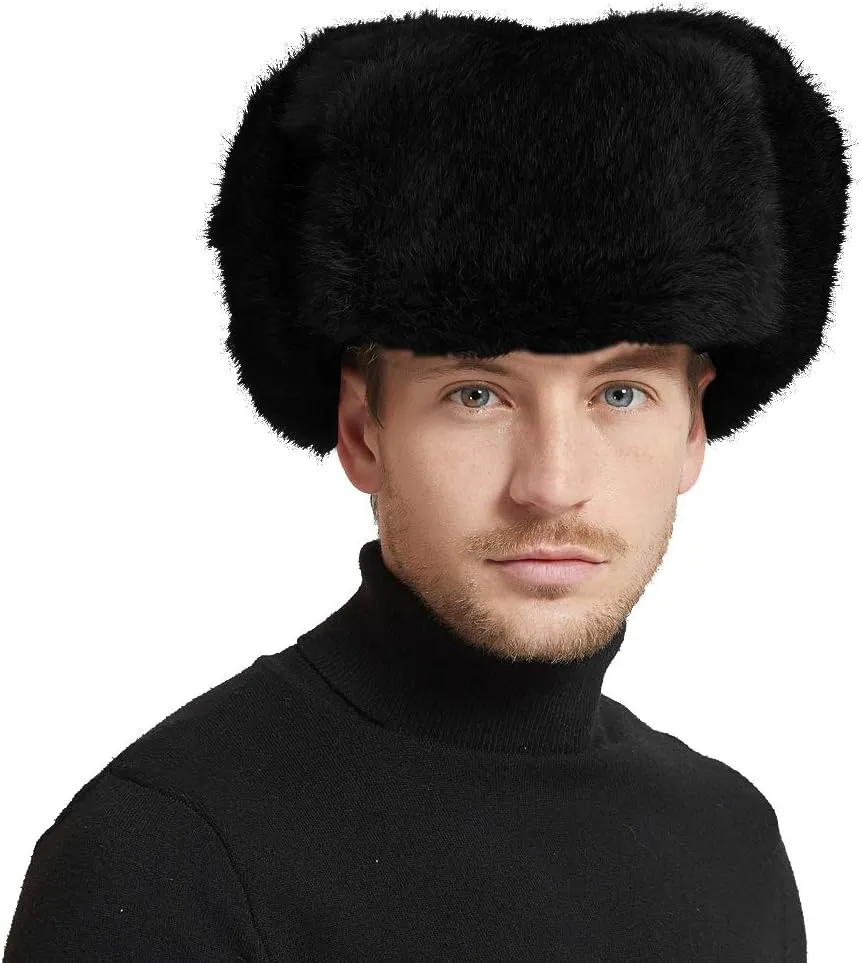 Mens Winter Real Rabbit Fur Aviator Hat Russian Ushanka Earflap Trapper Hats