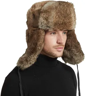 Mens Winter Real Rabbit Fur Aviator Hat Russian Ushanka Earflap Trapper Hats