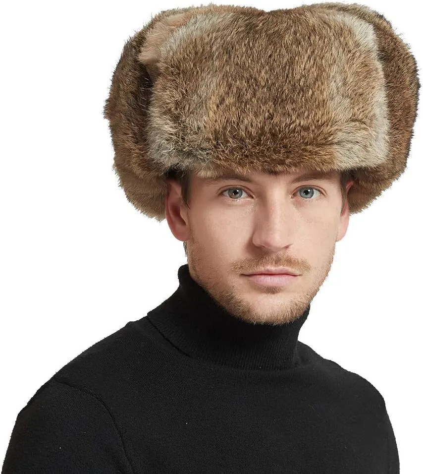 Mens Winter Real Rabbit Fur Aviator Hat Russian Ushanka Earflap Trapper Hats