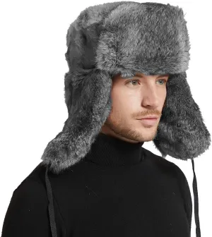 Mens Winter Real Rabbit Fur Aviator Hat Russian Ushanka Earflap Trapper Hats