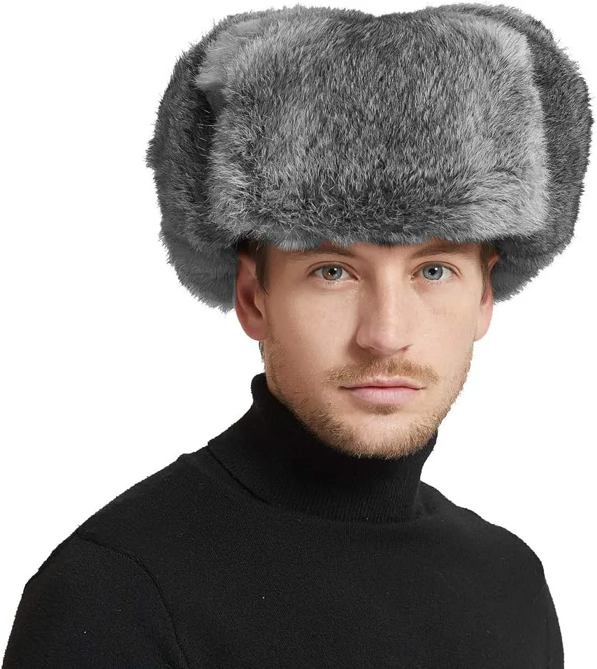 Mens Winter Real Rabbit Fur Aviator Hat Russian Ushanka Earflap Trapper Hats