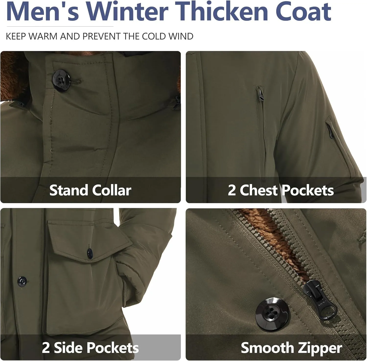 Men's Winter Thicken Coat Warm Faux Fur Lined Padded Puffer Parka Jacket with Removable Hood