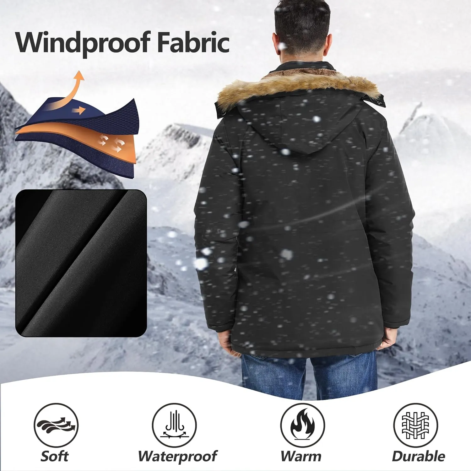 Men's Winter Thicken Coat Warm Faux Fur Lined Padded Puffer Parka Jacket with Removable Hood