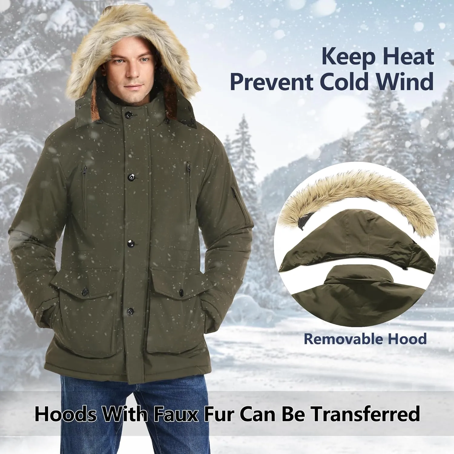 Men's Winter Thicken Coat Warm Faux Fur Lined Padded Puffer Parka Jacket with Removable Hood