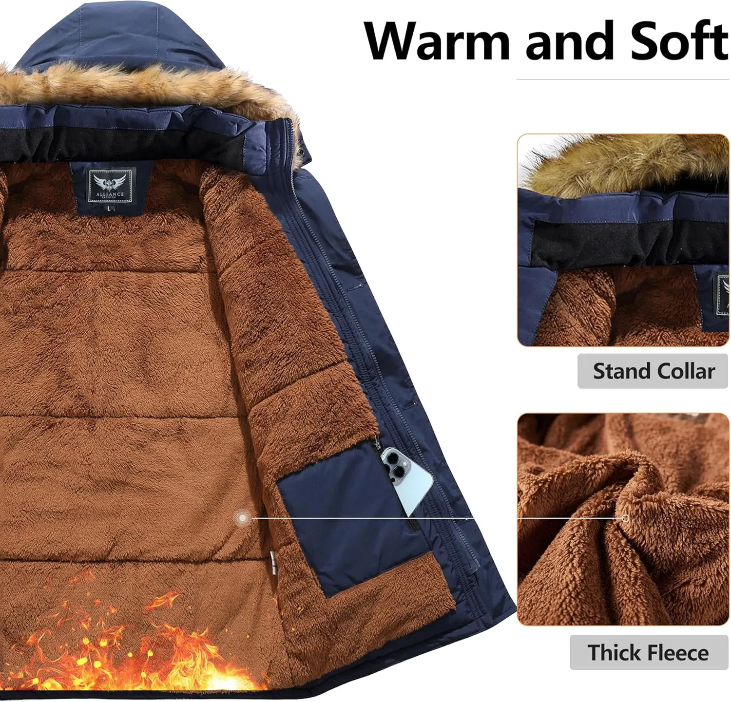 Men's Winter Thicken Coat Warm Faux Fur Lined Padded Puffer Parka Jacket with Removable Hood