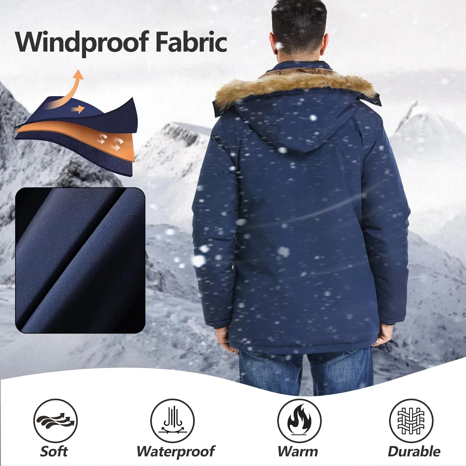 Men's Winter Thicken Coat Warm Faux Fur Lined Padded Puffer Parka Jacket with Removable Hood
