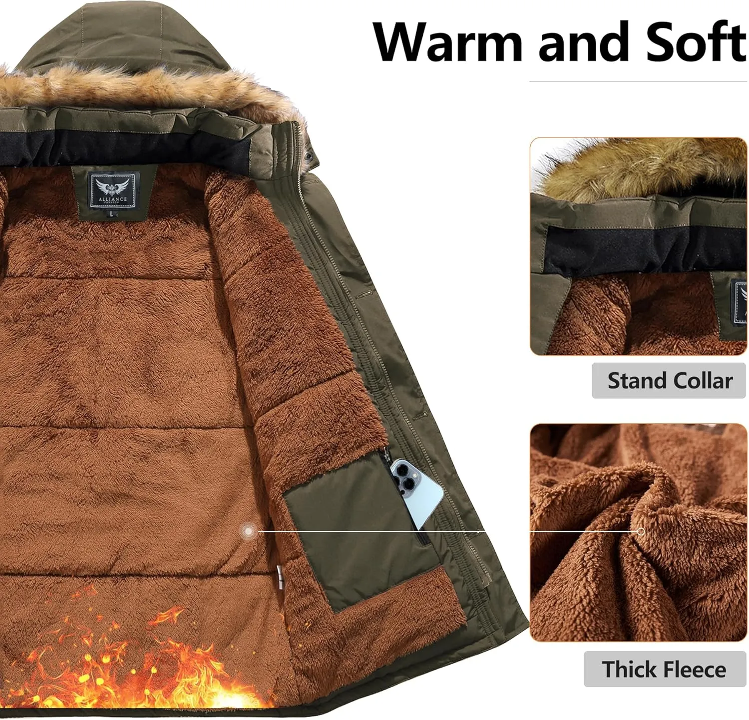 Men's Winter Thicken Coat Warm Faux Fur Lined Padded Puffer Parka Jacket with Removable Hood
