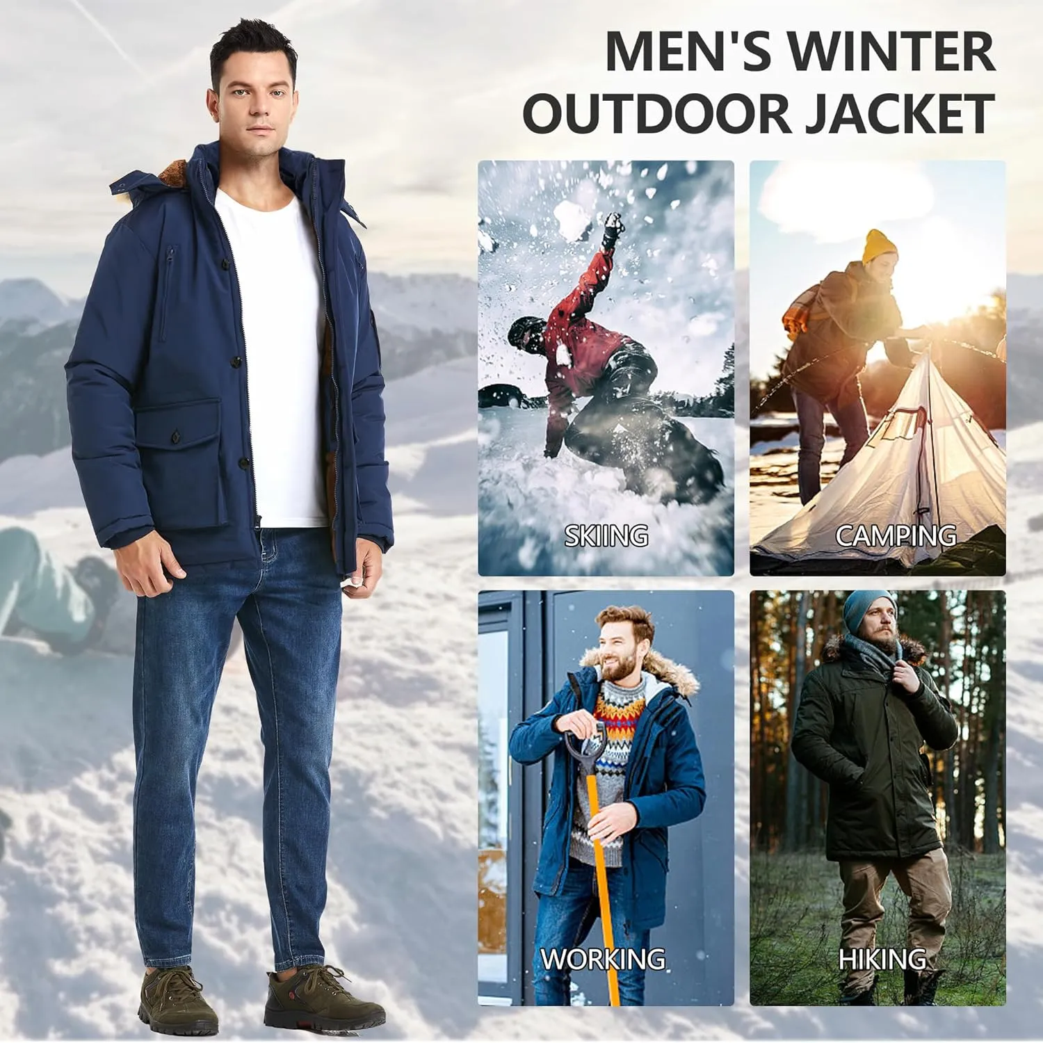 Men's Winter Thicken Coat Warm Faux Fur Lined Padded Puffer Parka Jacket with Removable Hood