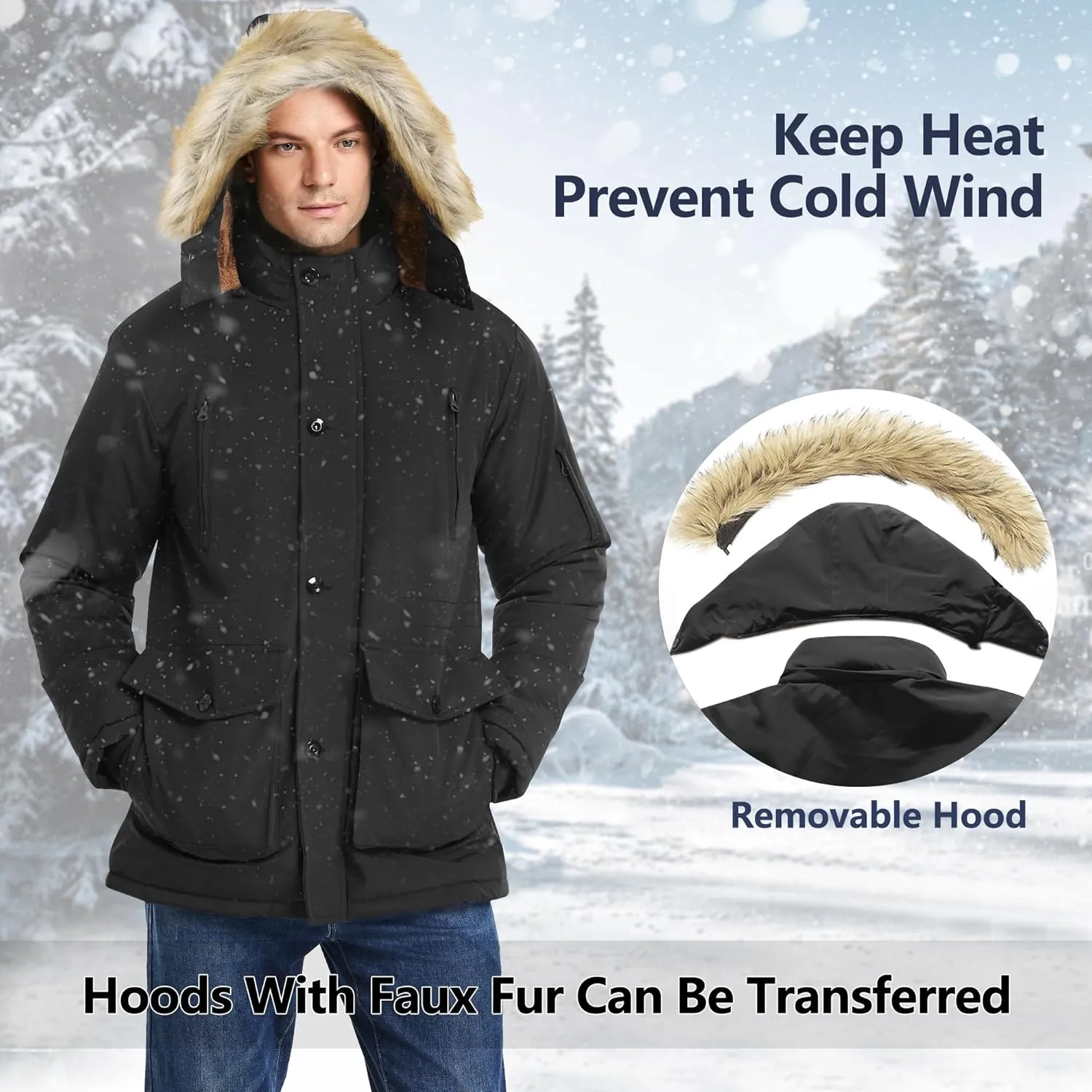 Men's Winter Thicken Coat Warm Faux Fur Lined Padded Puffer Parka Jacket with Removable Hood
