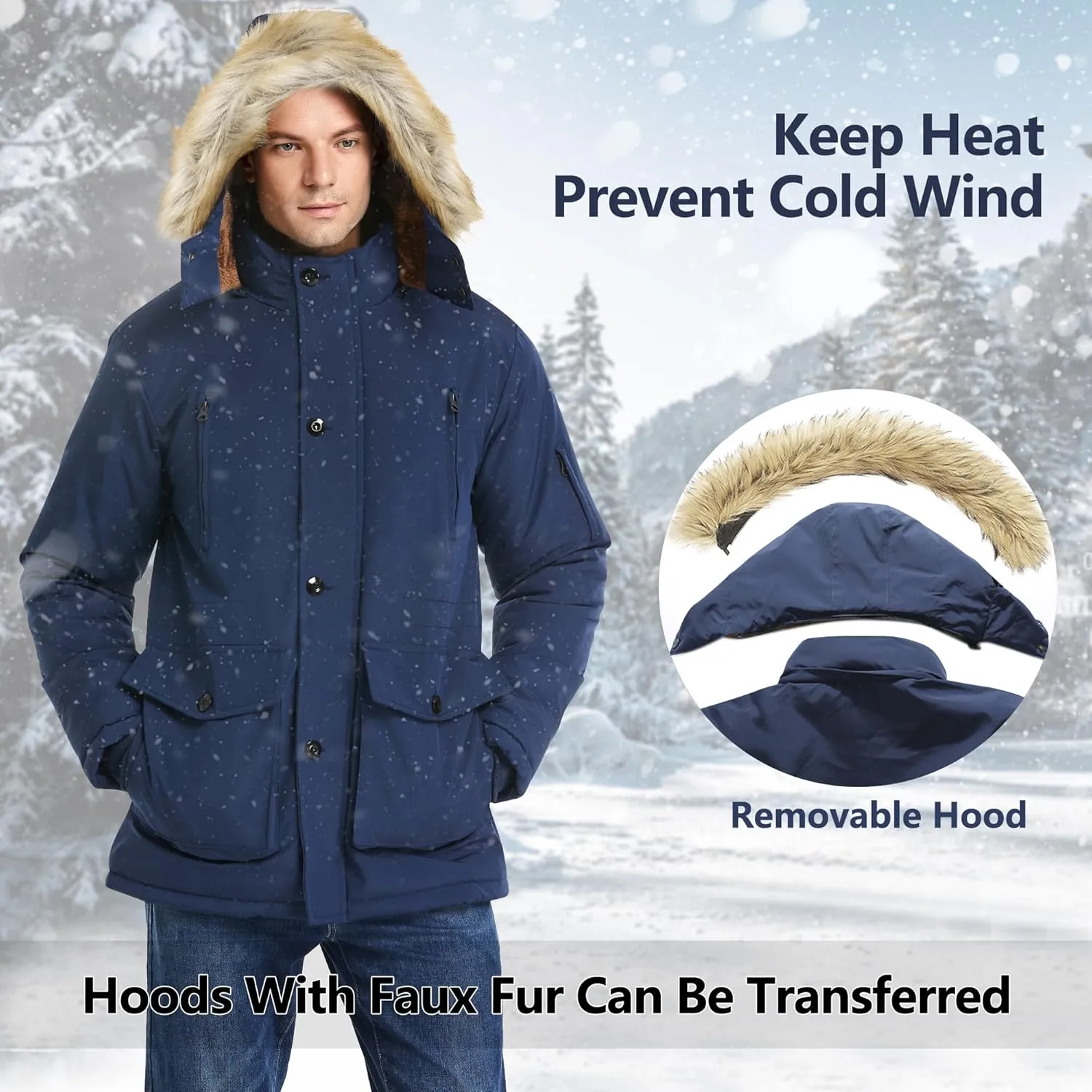 Men's Winter Thicken Coat Warm Faux Fur Lined Padded Puffer Parka Jacket with Removable Hood