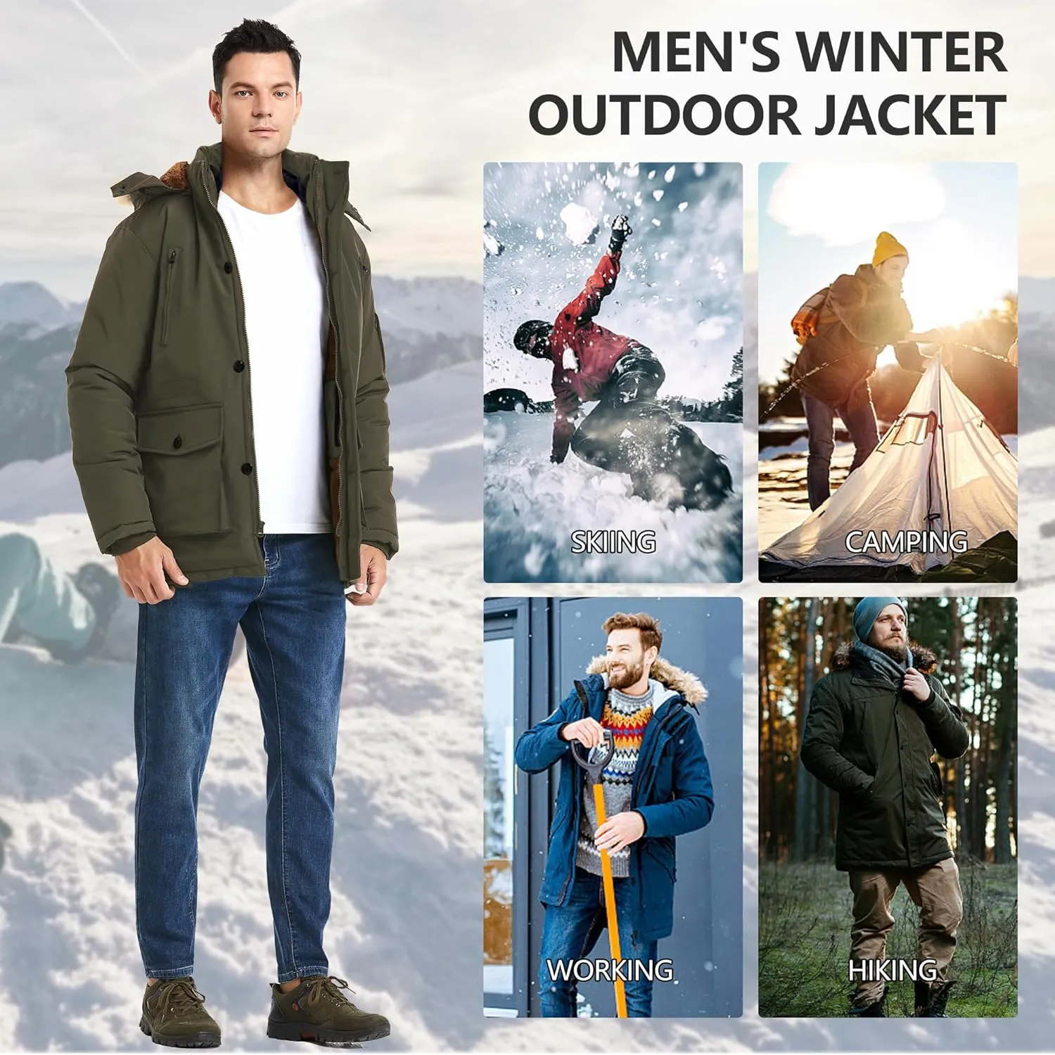 Men's Winter Thicken Coat Warm Faux Fur Lined Padded Puffer Parka Jacket with Removable Hood