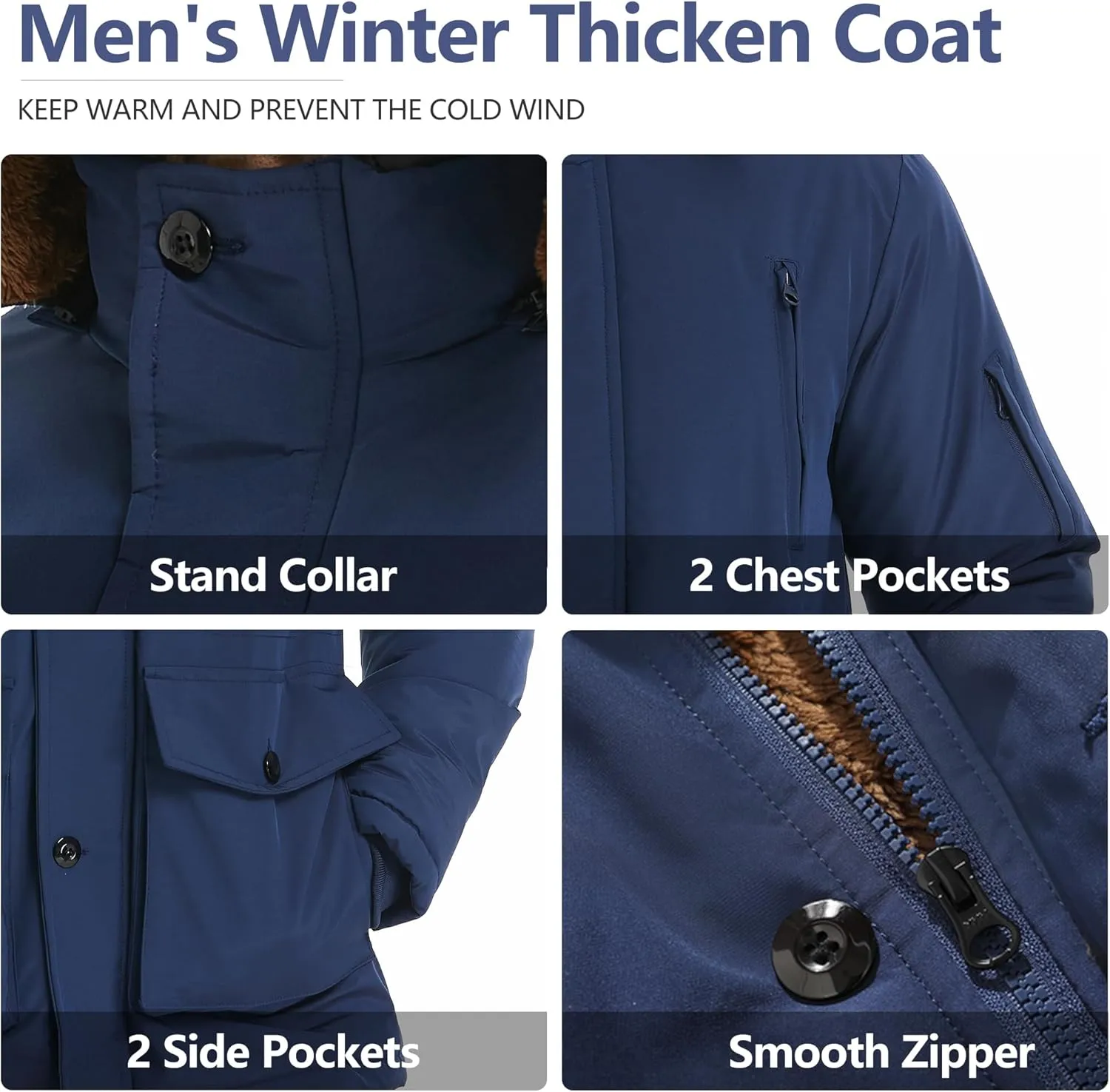 Men's Winter Thicken Coat Warm Faux Fur Lined Padded Puffer Parka Jacket with Removable Hood