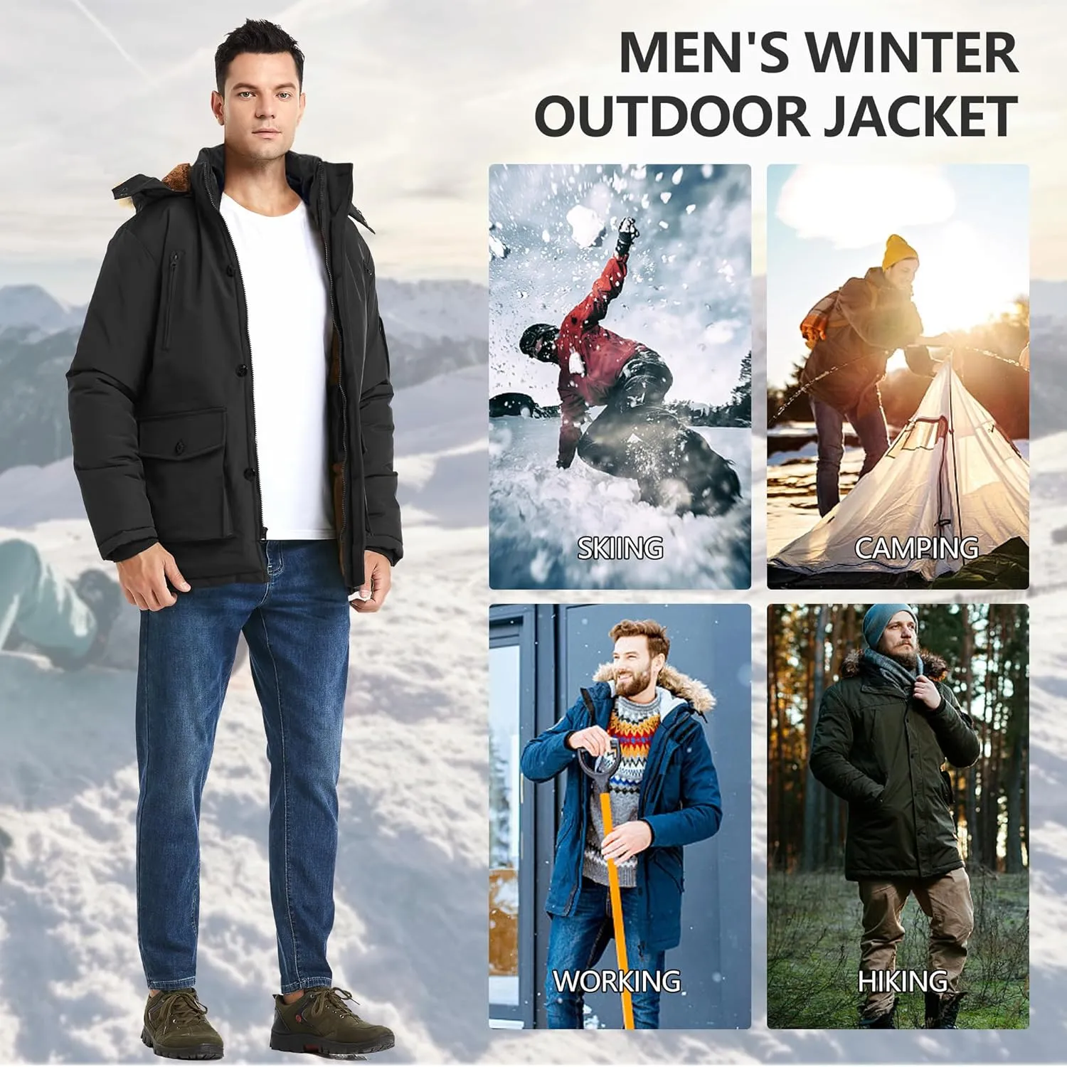 Men's Winter Thicken Coat Warm Faux Fur Lined Padded Puffer Parka Jacket with Removable Hood