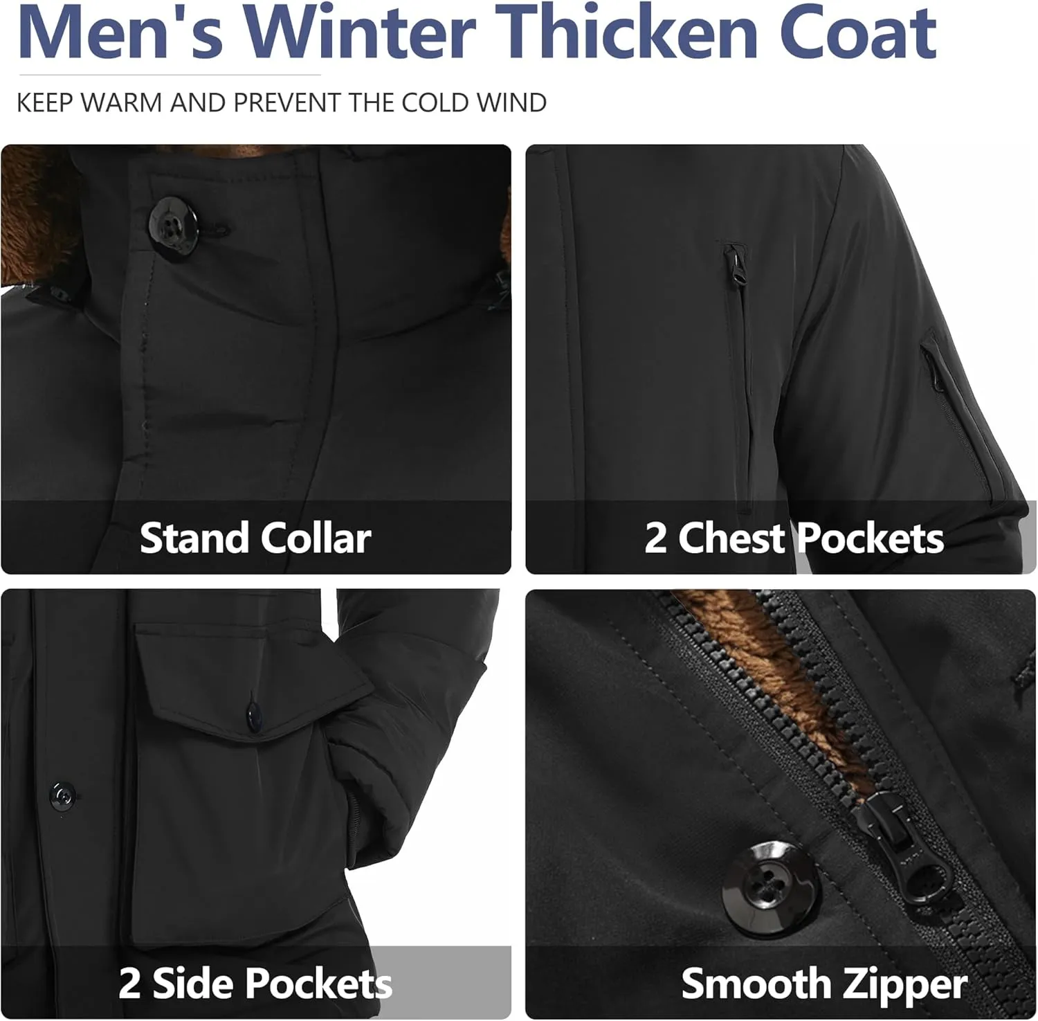 Men's Winter Thicken Coat Warm Faux Fur Lined Padded Puffer Parka Jacket with Removable Hood