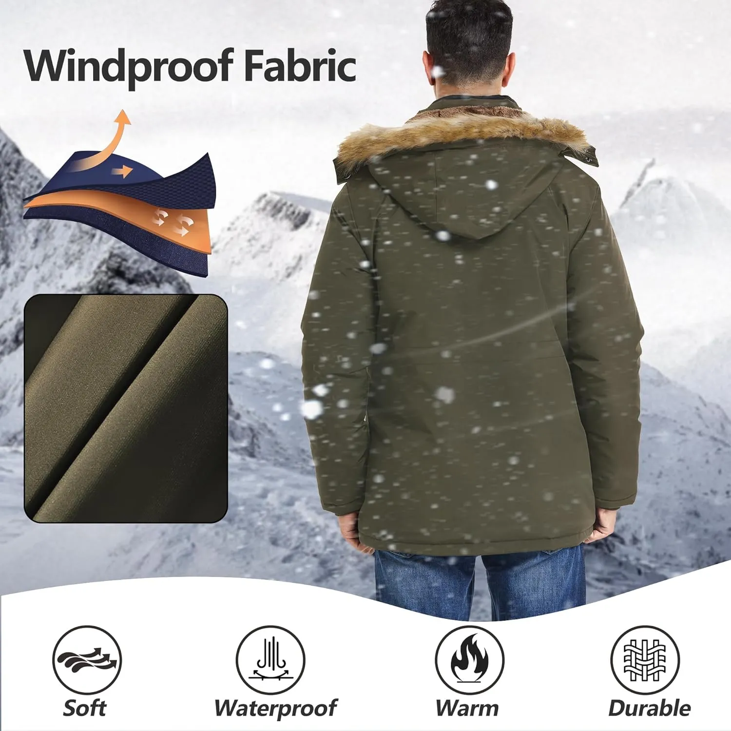 Men's Winter Thicken Coat Warm Faux Fur Lined Padded Puffer Parka Jacket with Removable Hood